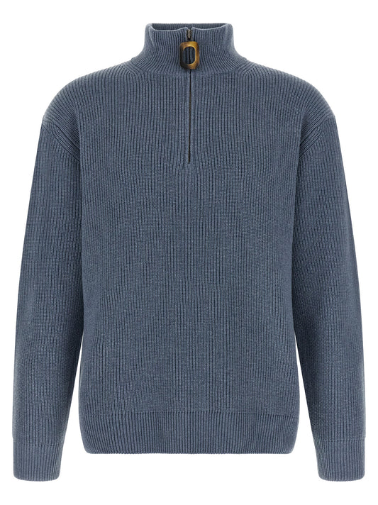 Cardigan by J.W.Anderson for men in cotton & wool blue, horn & signature showcases a captivating silhouette, artfully detailed with a captivating and high-neck neckline for a truly sophisticated captivating look.