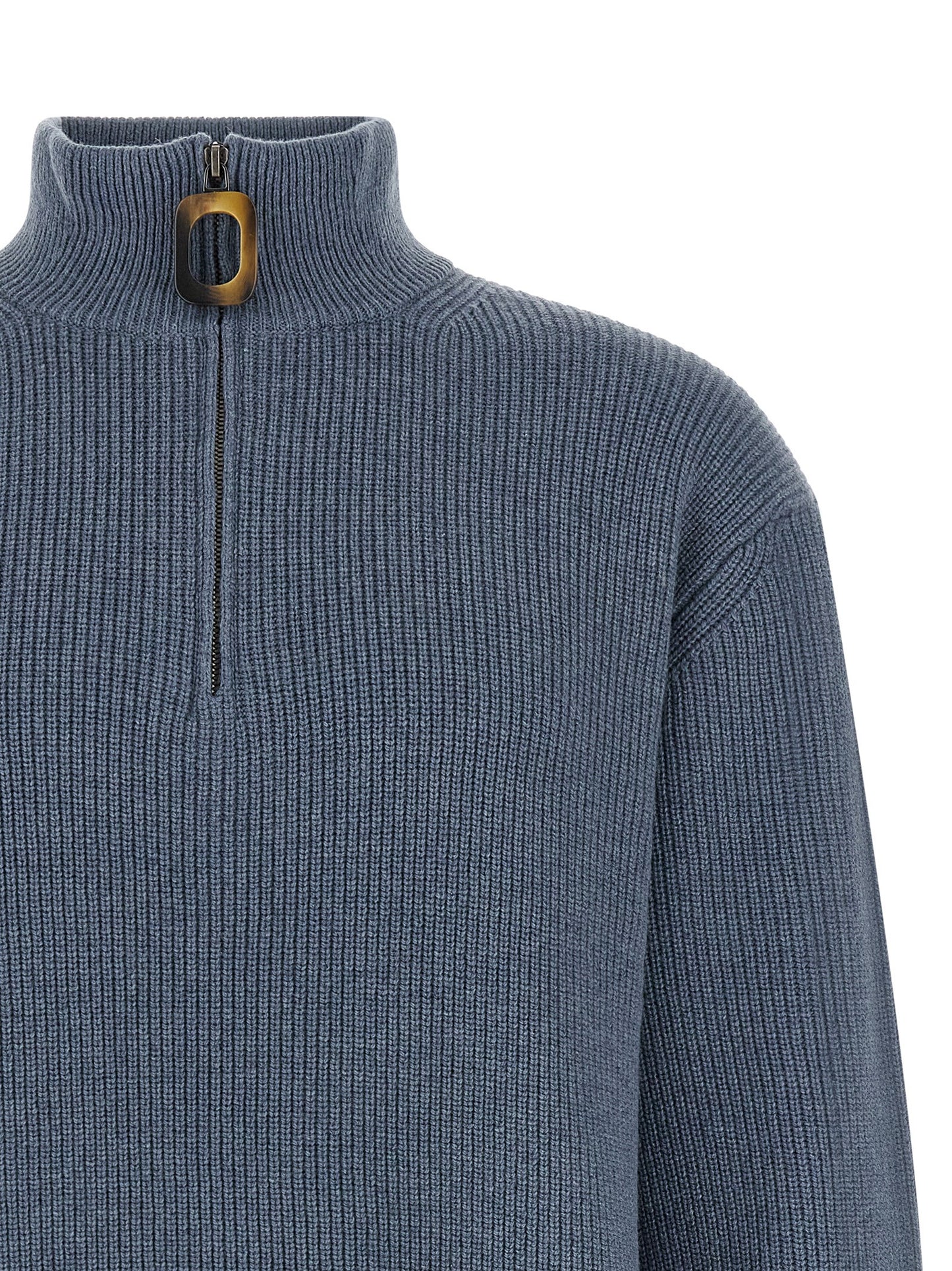 Cardigan by J.W.Anderson for men in cotton & wool blue, horn & signature features an impeccable silhouette, showcasing a sophisticated high-neck neckline and detail for a truly impeccable finish.