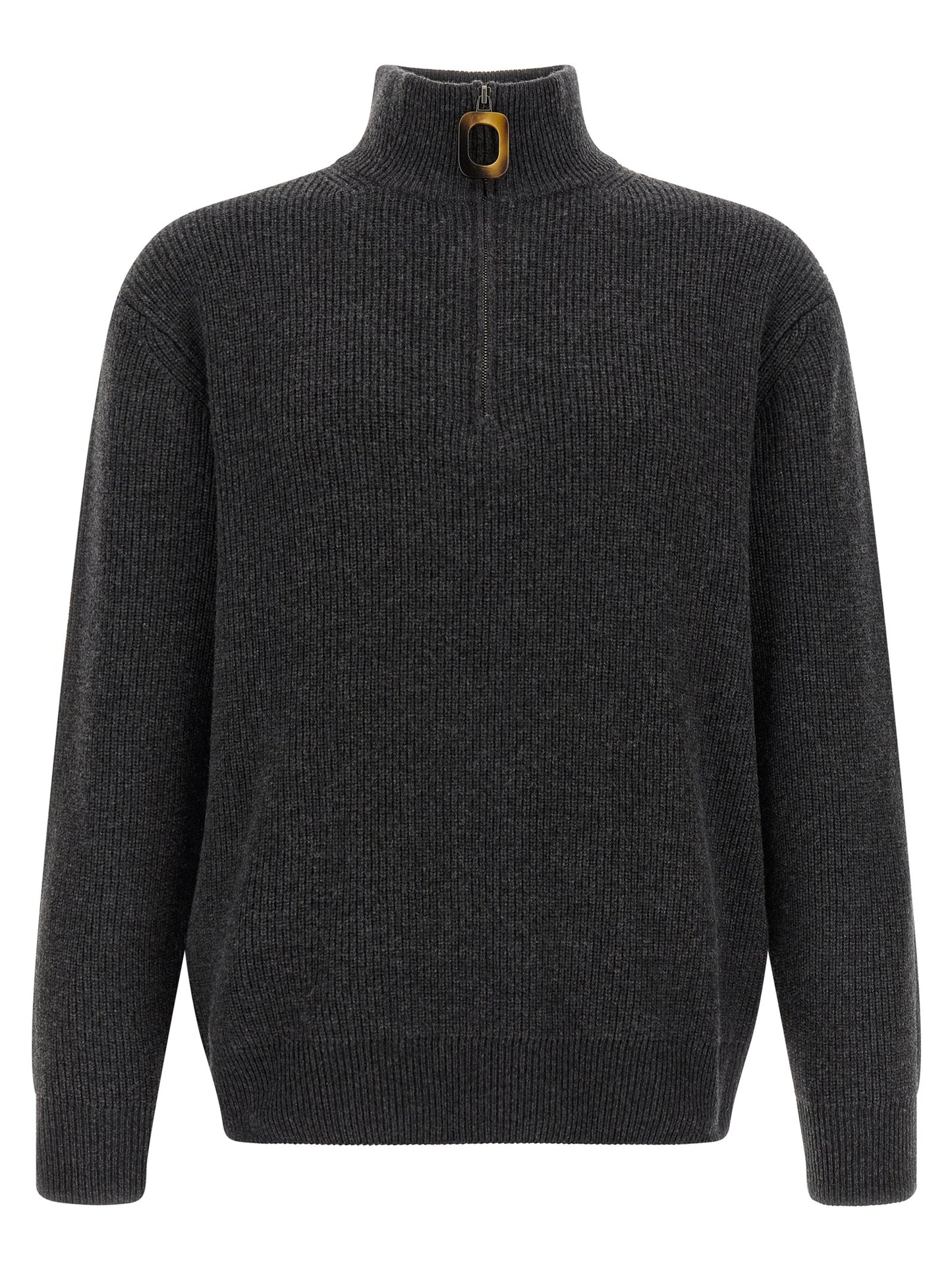 Cardigan by J.W.Anderson for men in steel cotton & wool gray, horn & patterned features a dramatic silhouette, showcasing a sophisticated high-neck neckline and dramatic detail for a timeless, premium look.