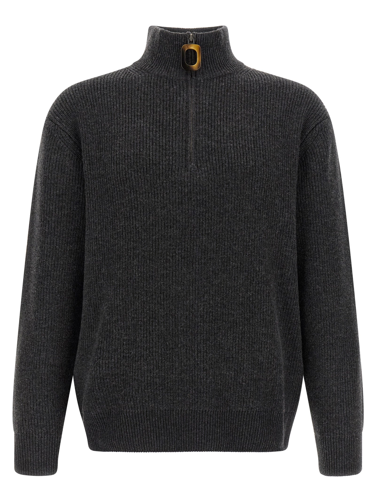 Cardigan by J.W.Anderson for men in steel cotton & wool gray, horn & patterned features a dramatic silhouette, showcasing a sophisticated high-neck neckline and dramatic detail for a timeless, premium look.