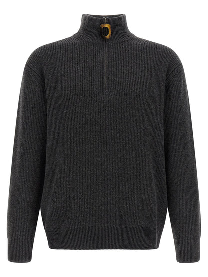Cardigan by J.W.Anderson for men in steel cotton & wool gray, horn & patterned features a dramatic silhouette, showcasing a sophisticated high-neck neckline and dramatic detail for a timeless, premium look.