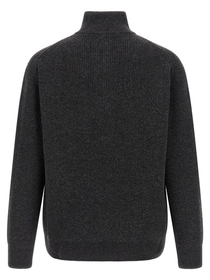 Cardigan by J.W.Anderson for men in steel cotton & wool gray, horn & patterned features an crisp silhouette, showcasing a sophisticated high-neck neckline and detail for a truly crisp finish.