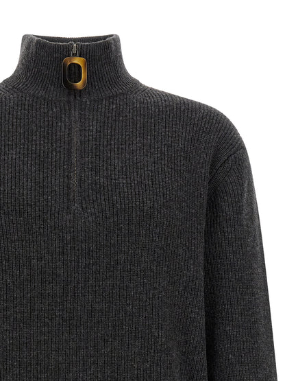 Cardigan by J.W.Anderson for men in steel cotton & wool gray, horn & patterned showcases a luxurious silhouette, meticulously detailed with a sophisticated high-neck neckline and for a refined finish.