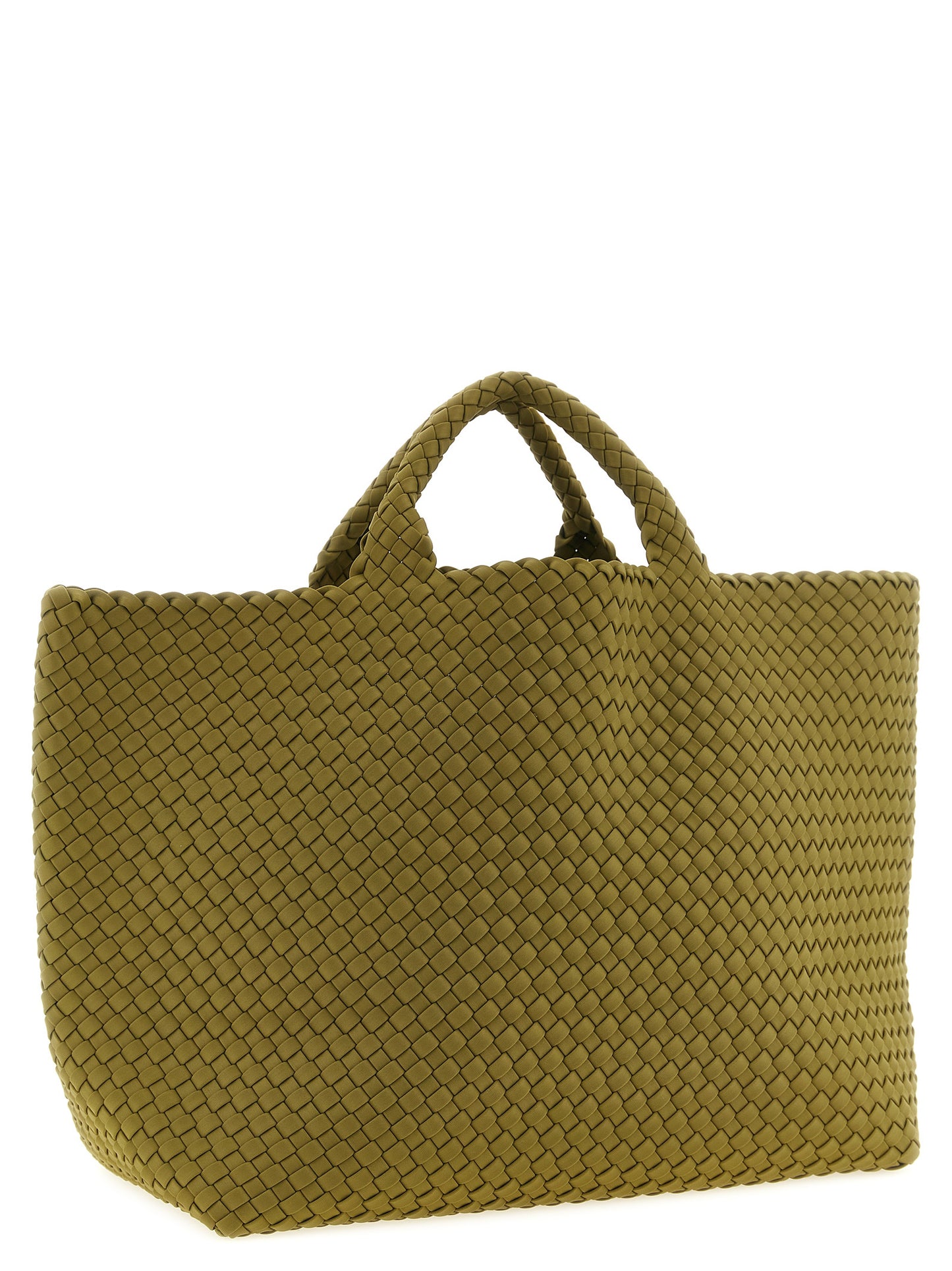 Flap Clutch Handbag by NAGHEDI for women in nylon neoprene & calfskin leather bicolour, gold & green features an refined silhouette, showcasing a secure snap, flap & zipper, ample , and versatile shoulder-strap, handle & adjustable-strap for a sophisticated refined aesthetic.