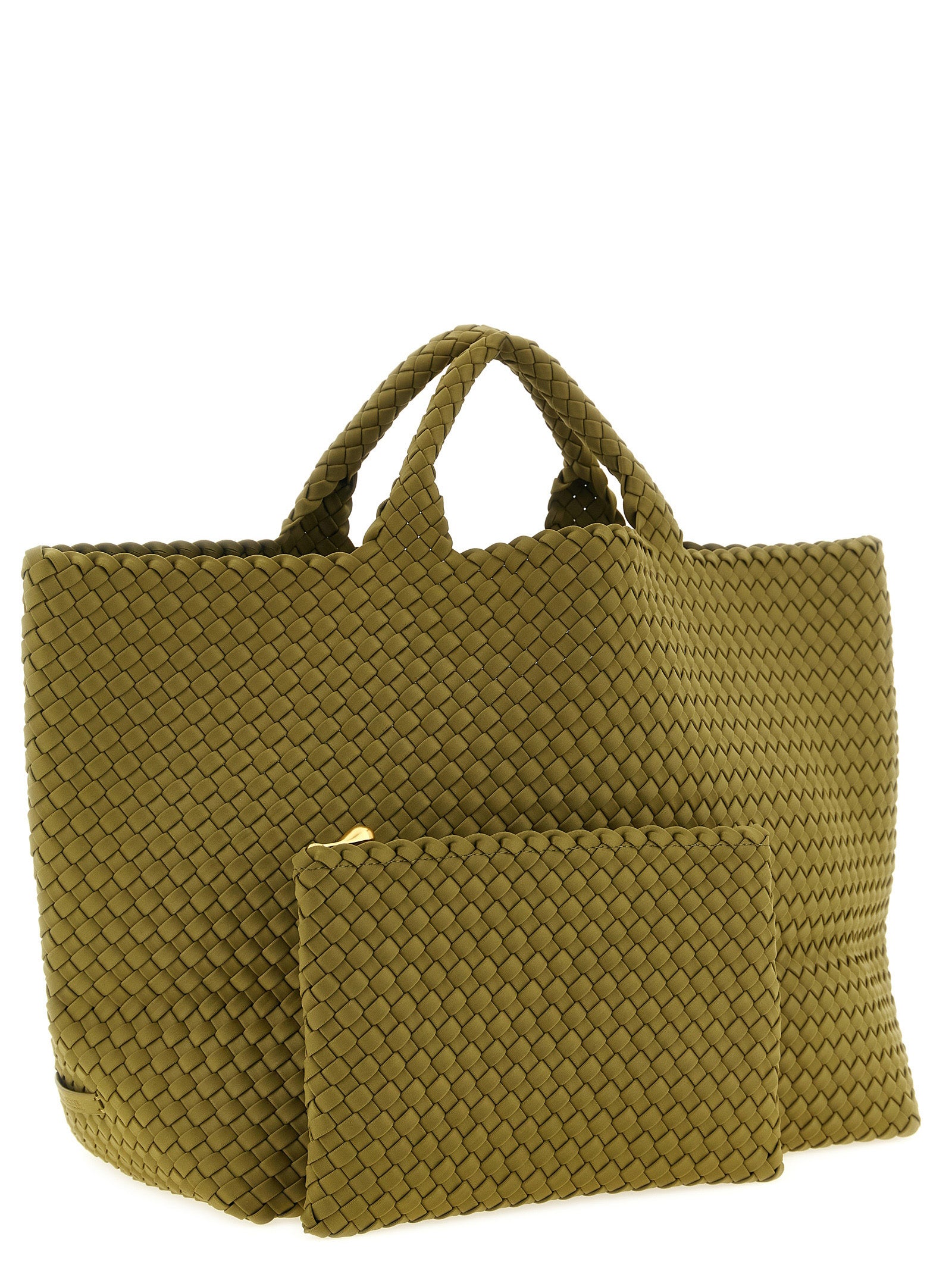This Flap Clutch Handbag by NAGHEDI for women in nylon neoprene & calfskin leather and bicolour, gold & green presents a sculptural silhouette featuring a secure snap, flap & zipper, ample , and versatile shoulder-strap, handle & adjustable-strap for a sculptural finish.