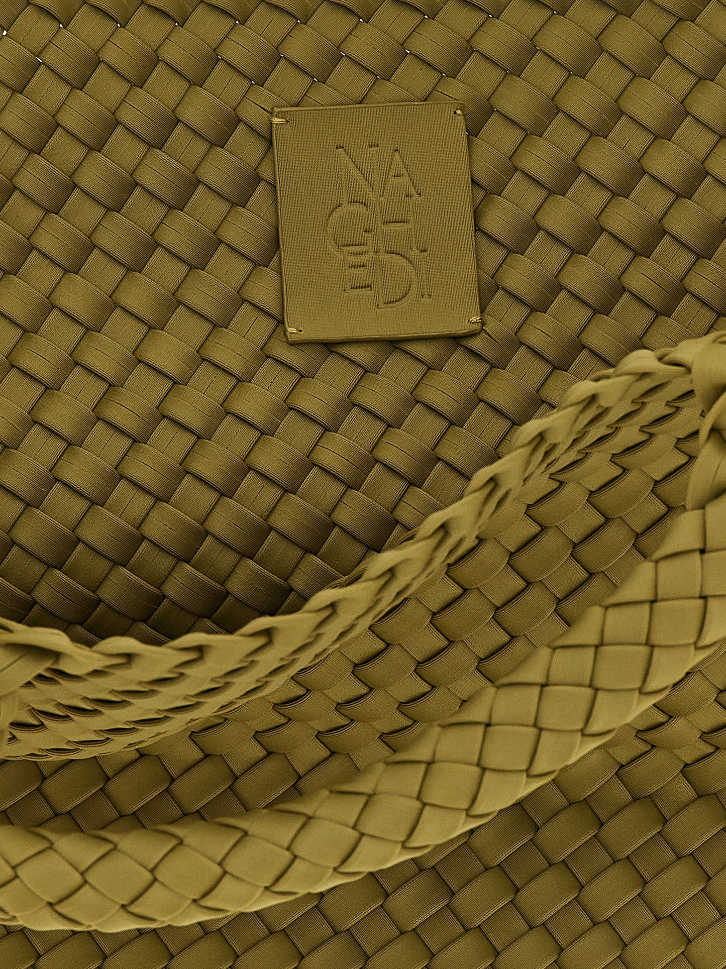 Flap Clutch Handbag by NAGHEDI for women in nylon neoprene & calfskin leather bicolour, gold & green features a contemporary silhouette, showcasing a secure snap, flap & zipper, ample , and contemporary shoulder-strap, handle & adjustable-strap for a sophisticated look.