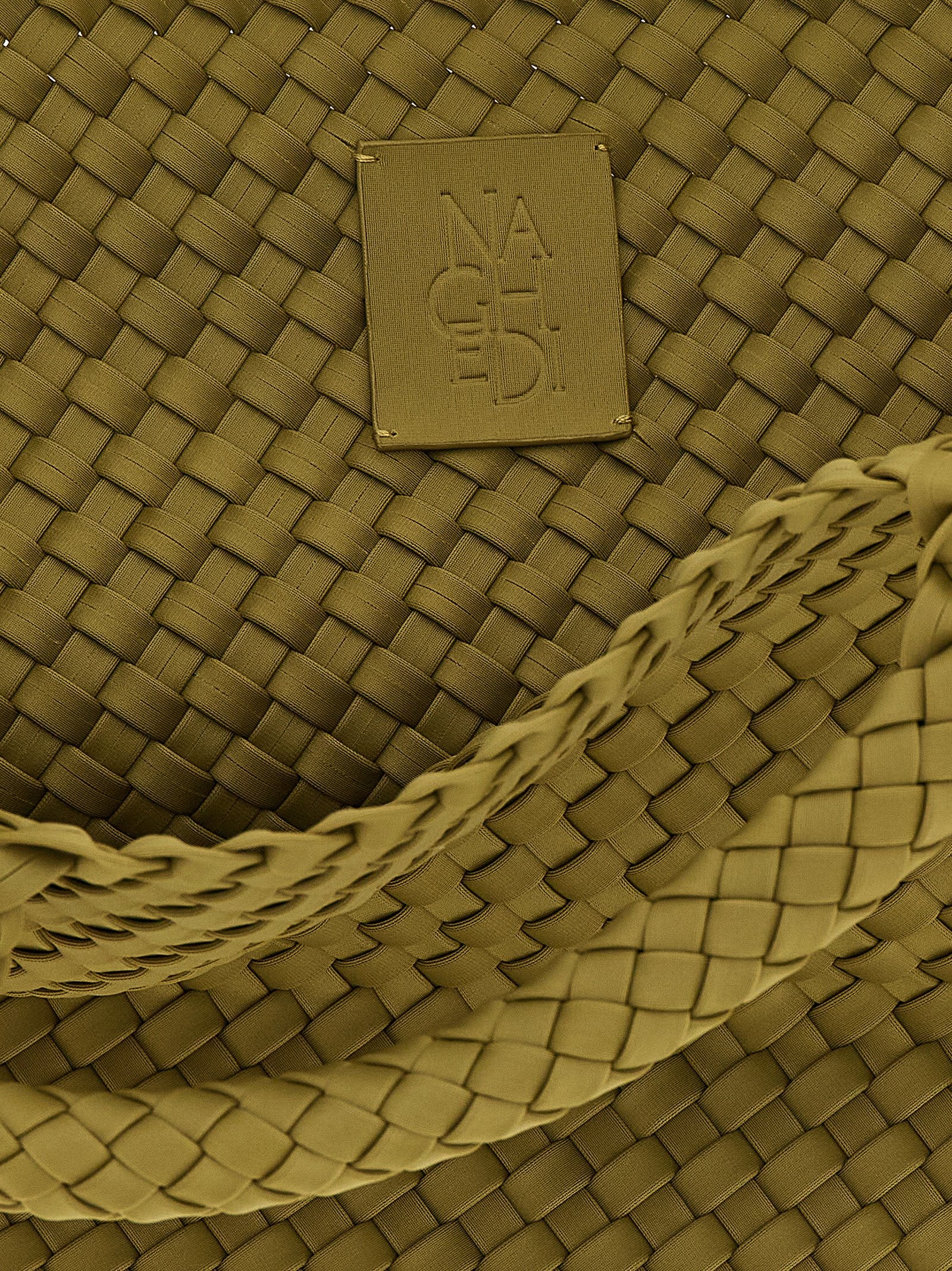 Flap Clutch Handbag by NAGHEDI for women in nylon neoprene & calfskin leather bicolour, gold & green features a contemporary silhouette, showcasing a secure snap, flap & zipper, ample , and contemporary shoulder-strap, handle & adjustable-strap for a sophisticated look.