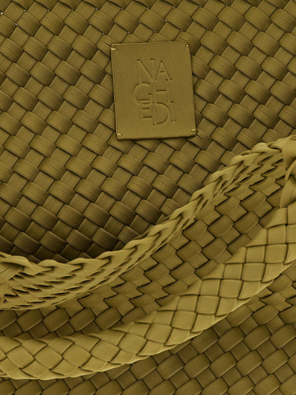 Flap Clutch Handbag by NAGHEDI for women in nylon neoprene & calfskin leather bicolour, gold & green features a contemporary silhouette, showcasing a secure snap, flap & zipper, ample , and contemporary shoulder-strap, handle & adjustable-strap for a sophisticated look.