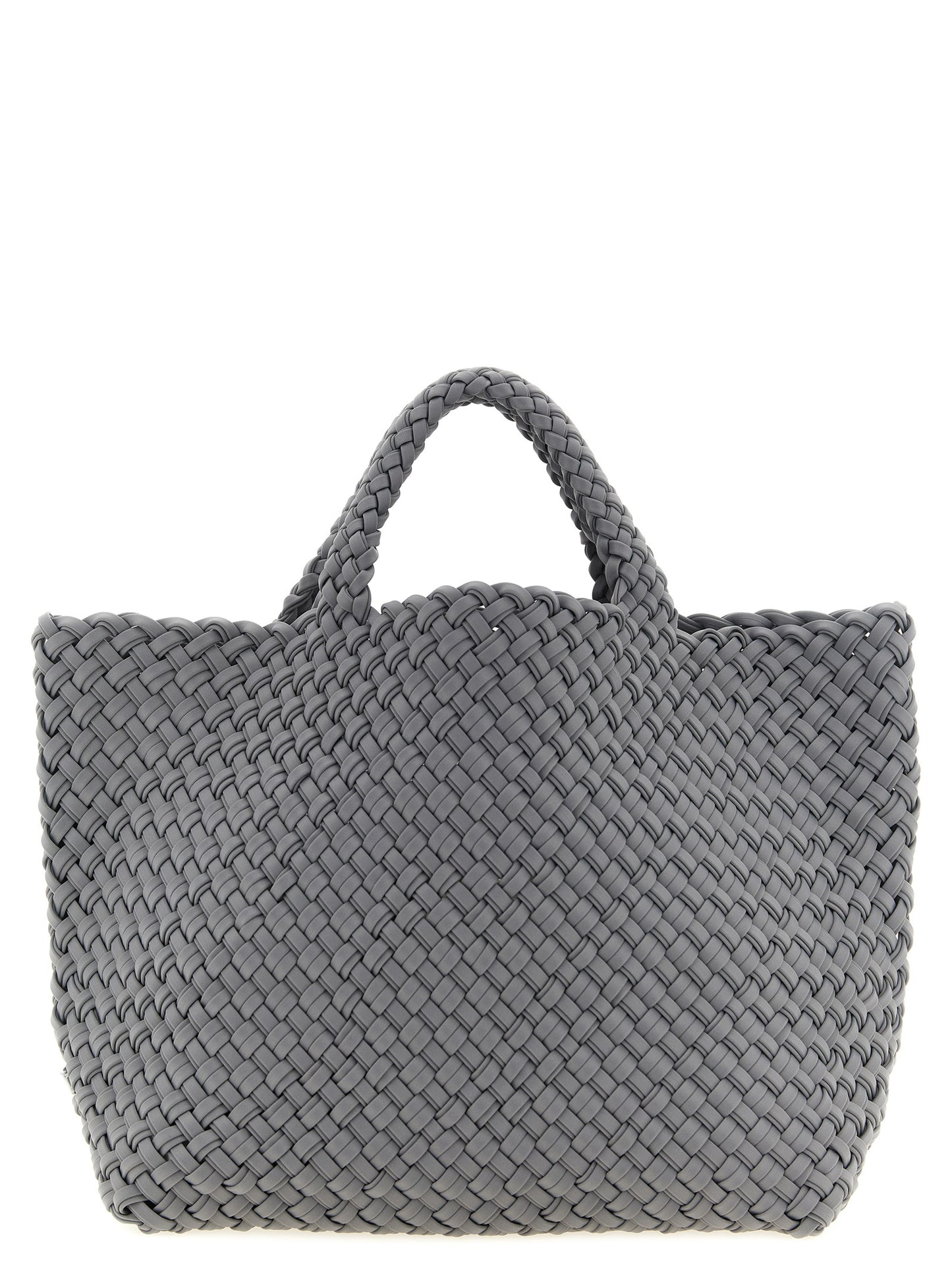 Large Shoulder Flap Clutch Tote Bag by NAGHEDI for women in nylon neoprene & calfskin leather bicolour, gray & green showcases a urban-chic Sicily St Barths Nylon Neoprene & Calfskin Leather Large Shoulder Flap Clutch Tote Bag design, featuring a secure snap, flap & zipper, ample , and versatile shoulder-strap, handle, adjustable-strap & detachable-strap for a urban-chic finish.