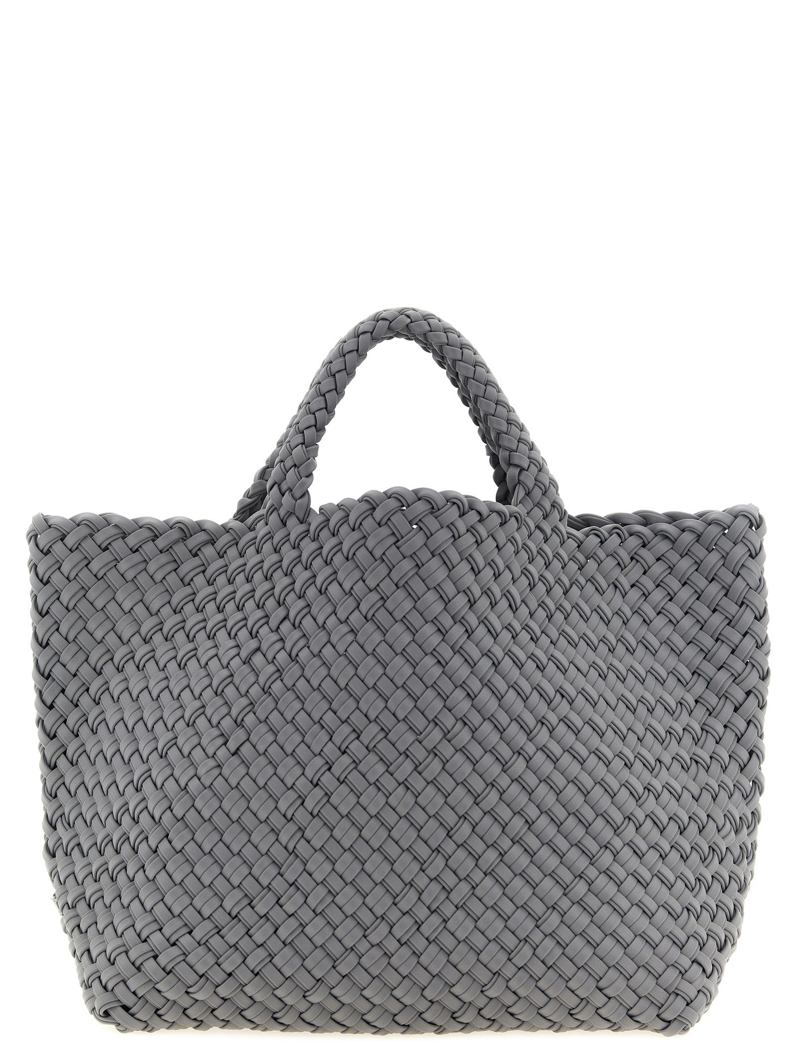 Large Shoulder Flap Clutch Tote Bag by NAGHEDI for women in nylon neoprene & calfskin leather bicolour, gray & green showcases a urban-chic Sicily St Barths Nylon Neoprene & Calfskin Leather Large Shoulder Flap Clutch Tote Bag design, featuring a secure snap, flap & zipper, ample , and versatile shoulder-strap, handle, adjustable-strap & detachable-strap for a urban-chic finish.