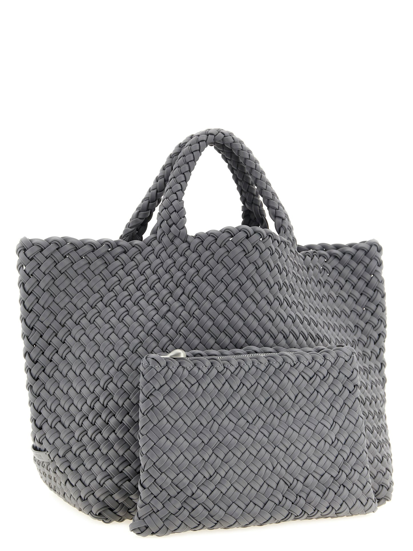 Large Shoulder Flap Clutch Tote Bag by NAGHEDI for women in nylon neoprene & calfskin leather bicolour, gray & green features an utilitarian-chic silhouette, showcasing the Sicily St Barths Nylon Neoprene & Calfskin Leather Large Shoulder Flap Clutch Tote Bag design with a secure snap, flap & zipper, ample , and versatile shoulder-strap, handle, adjustable-strap & detachable-strap.