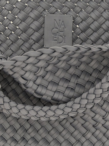 Large Shoulder Flap Clutch Tote Bag by NAGHEDI for women in nylon neoprene & calfskin leather bicolour, gray & green features a distinguished Sicily St Barths Nylon Neoprene & Calfskin Leather Large Shoulder Flap Clutch Tote Bag design, complete with a secure snap, flap & zipper, ample , and versatile shoulder-strap, handle, adjustable-strap & detachable-strap for a distinguished look.