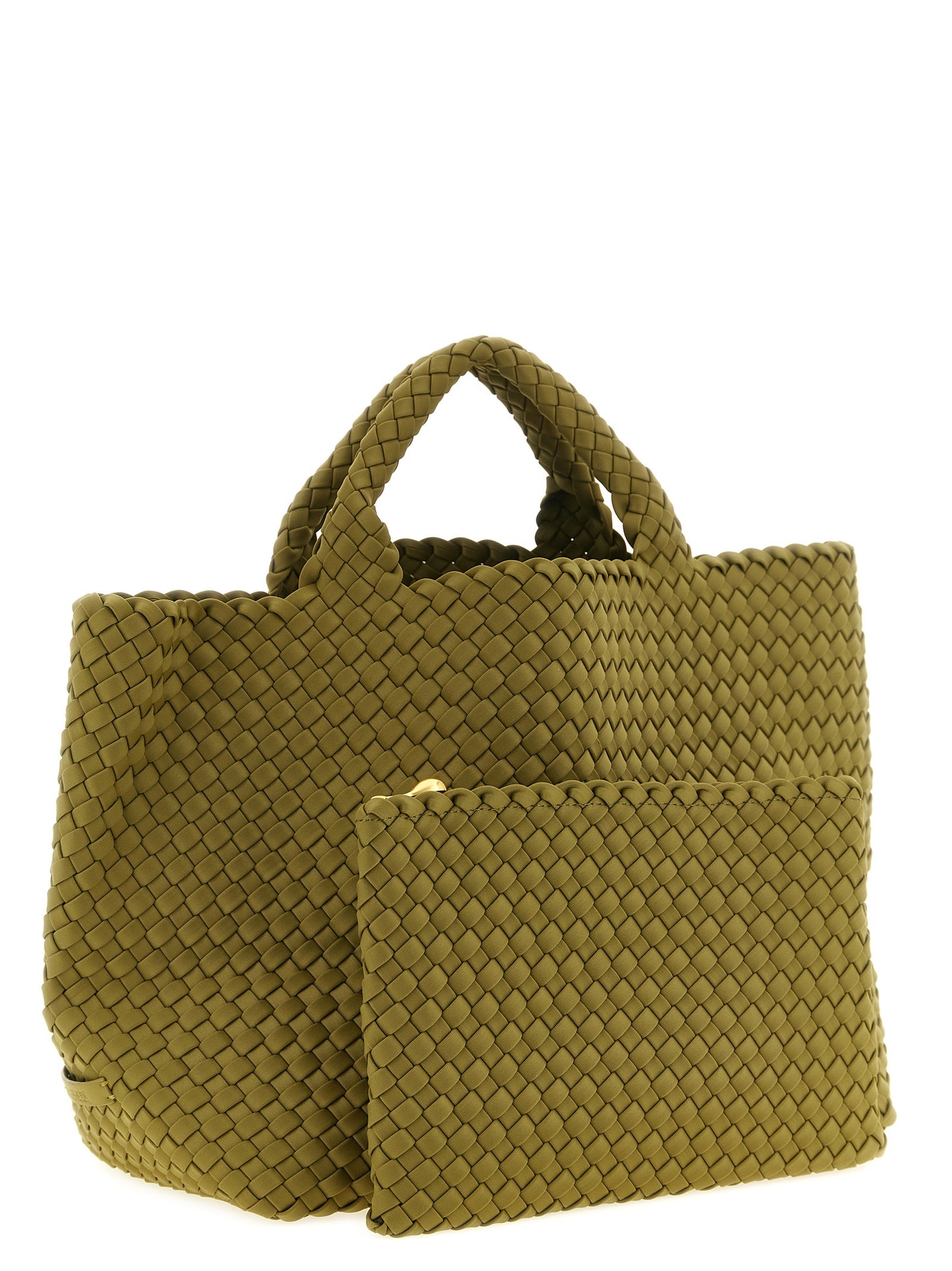 Large Shoulder Flap Clutch Handbag by NAGHEDI for women in nylon neoprene & calfskin leather bicolour, green & signature features an refined silhouette, showcasing a secure snap, flap & zipper, ample , and versatile shoulder-strap, handle & adjustable-strap for a sophisticated refined aesthetic.