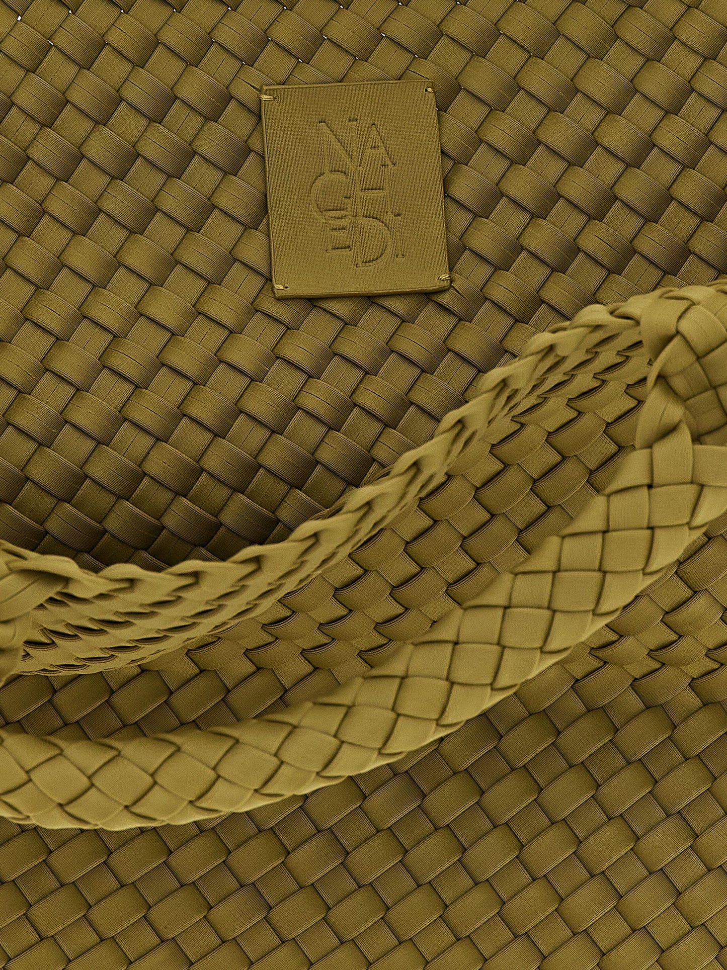 Large Shoulder Flap Clutch Handbag by NAGHEDI for women in nylon neoprene & calfskin leather bicolour, green & signature features a contemporary silhouette, showcasing a secure snap, flap & zipper, ample , and contemporary shoulder-strap, handle & adjustable-strap for a sophisticated look.