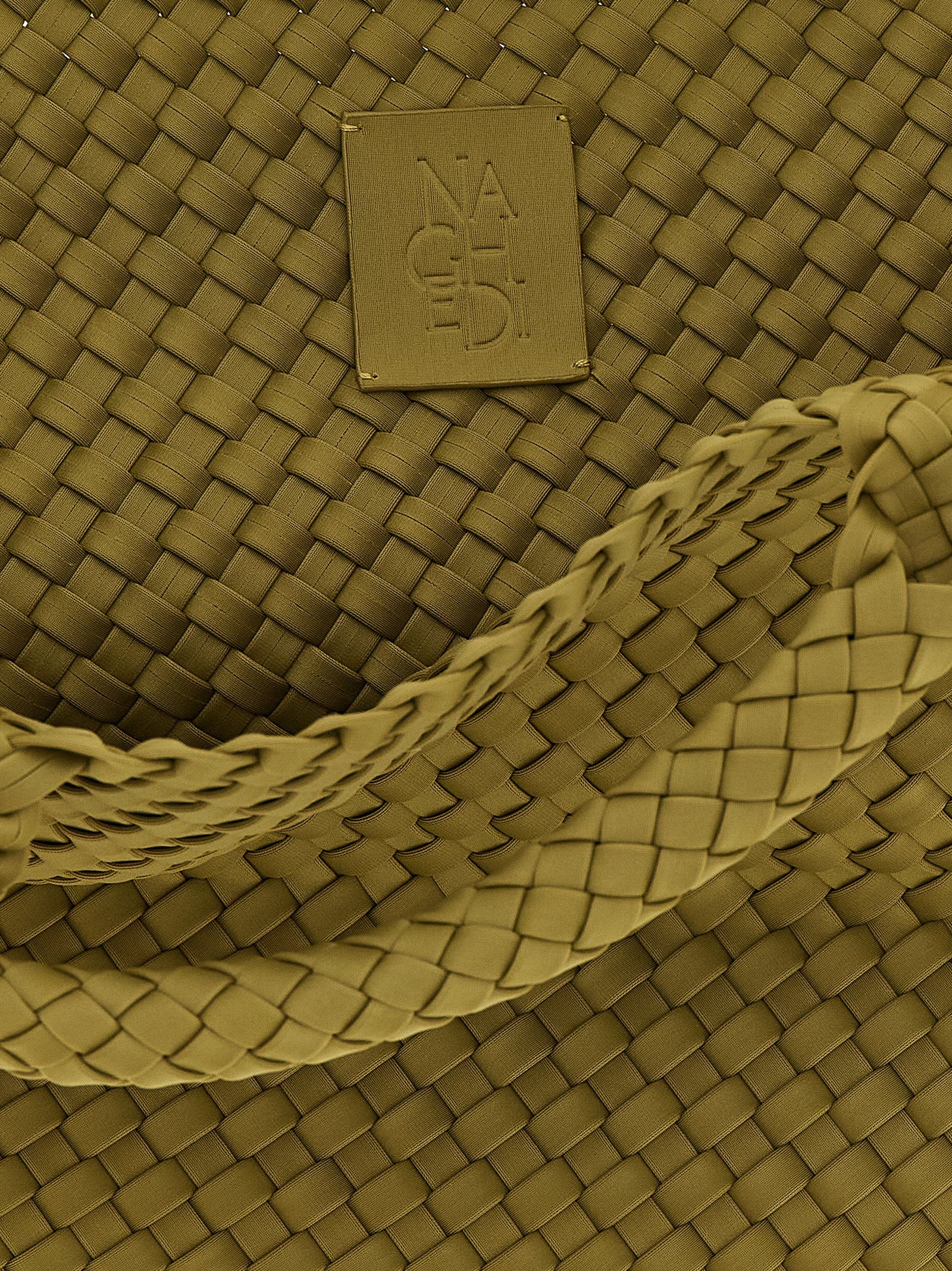 Large Shoulder Flap Clutch Handbag by NAGHEDI for women in nylon neoprene & calfskin leather bicolour, green & signature features a contemporary silhouette, showcasing a secure snap, flap & zipper, ample , and contemporary shoulder-strap, handle & adjustable-strap for a sophisticated look.