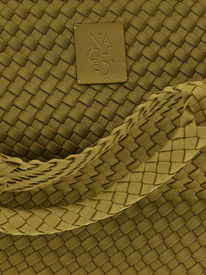 Large Shoulder Flap Clutch Handbag by NAGHEDI for women in nylon neoprene & calfskin leather bicolour, green & signature features a contemporary silhouette, showcasing a secure snap, flap & zipper, ample , and contemporary shoulder-strap, handle & adjustable-strap for a sophisticated look.