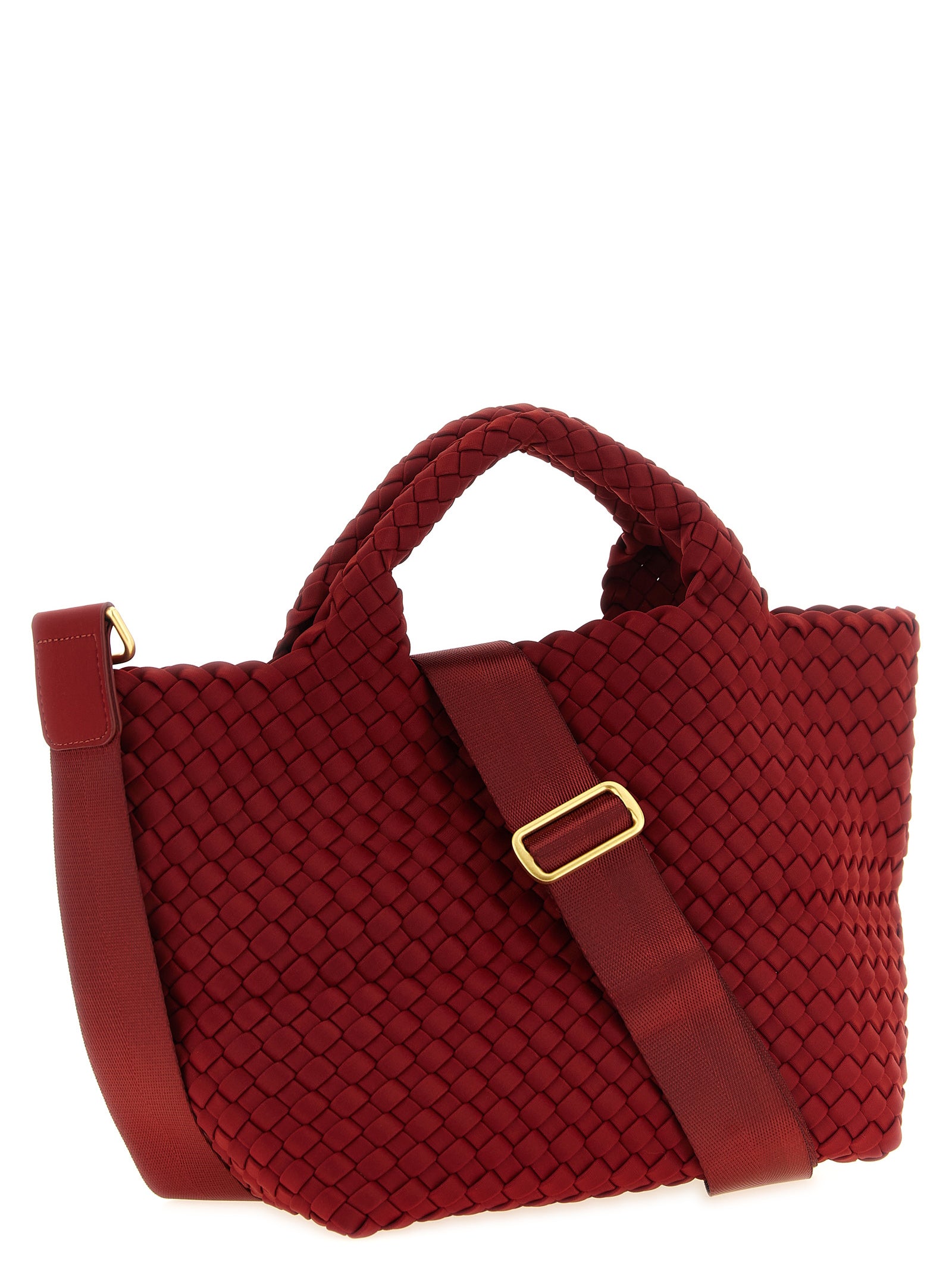 Mini Drawstring Clutch Handbag by NAGHEDI for women in nylon neoprene & calfskin leather bicolour, gold, green, multicolor & red features a signature silhouette, showcasing a secure snap, flap, zipper & buckle and signature with versatile shoulder-strap, handle & adjustable-strap for a sophisticated look.