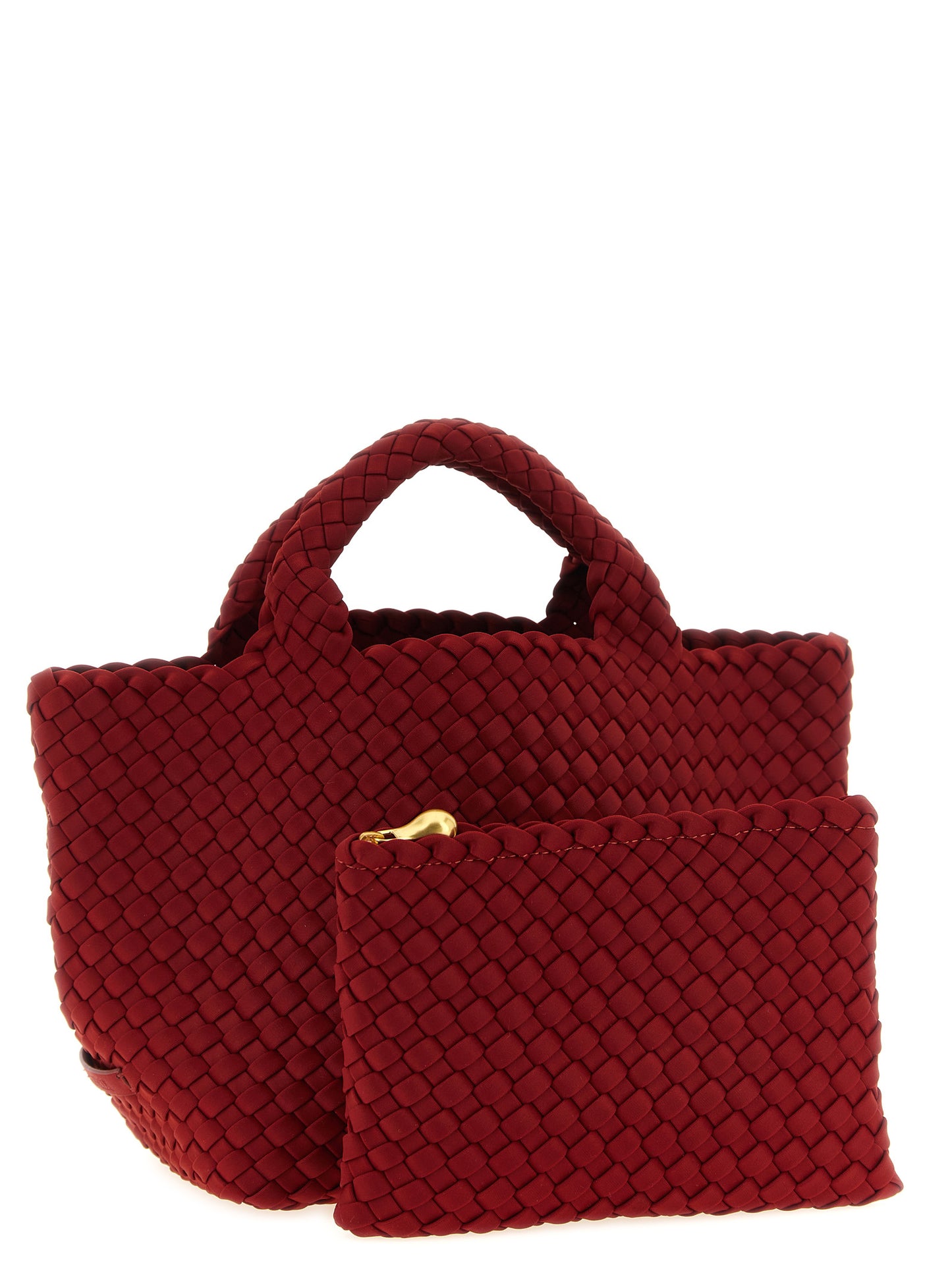 Mini Drawstring Clutch Handbag by NAGHEDI for women in nylon neoprene & calfskin leather bicolour, gold, green, multicolor & red features a contemporary silhouette, showcasing a secure snap, flap, zipper & buckle, ample , and contemporary shoulder-strap, handle & adjustable-strap for a sophisticated look.