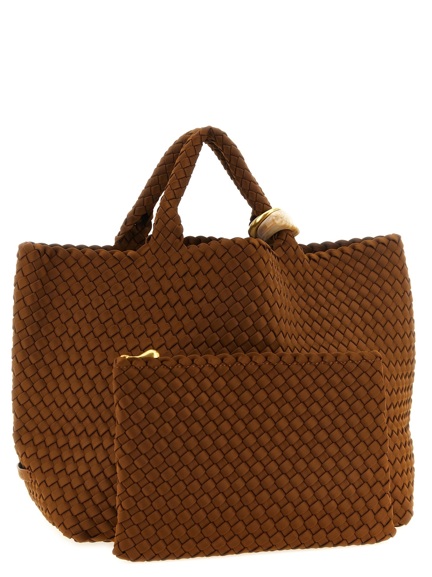 Large Shoulder Flap Clutch Handbag by NAGHEDI for women in neoprene resin & calfskin leather bicolour, brown, gold, green & signature features a signature silhouette, showcasing a secure snap, flap & zipper and signature with versatile shoulder-strap, handle, adjustable-strap & detachable-strap for a sophisticated look.