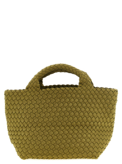 Mini Drawstring Clutch Handbag by NAGHEDI for women in nylon neoprene & calfskin leather bicolour, gold, green & signature features a contemporary silhouette, showcasing a secure snap, flap & zipper, ample , and contemporary shoulder-strap, handle & adjustable-strap for a sophisticated look.