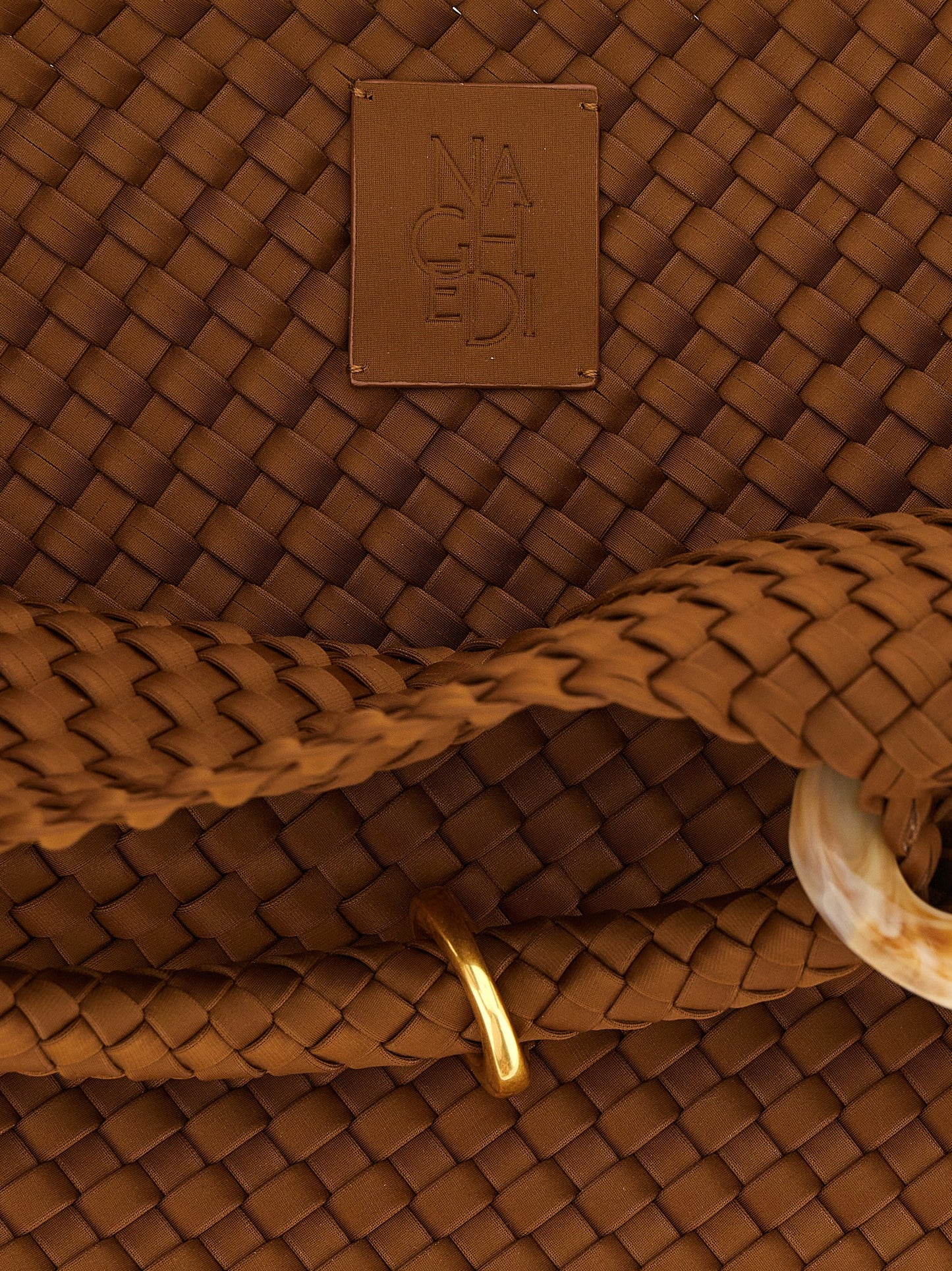 Large Shoulder Flap Clutch Handbag by NAGHEDI for women in neoprene resin & calfskin leather bicolour, brown, gold, green & signature features a refined silhouette, showcasing a secure snap, flap & zipper, organized , and versatile shoulder-strap, handle, adjustable-strap & detachable-strap for a refined finish.