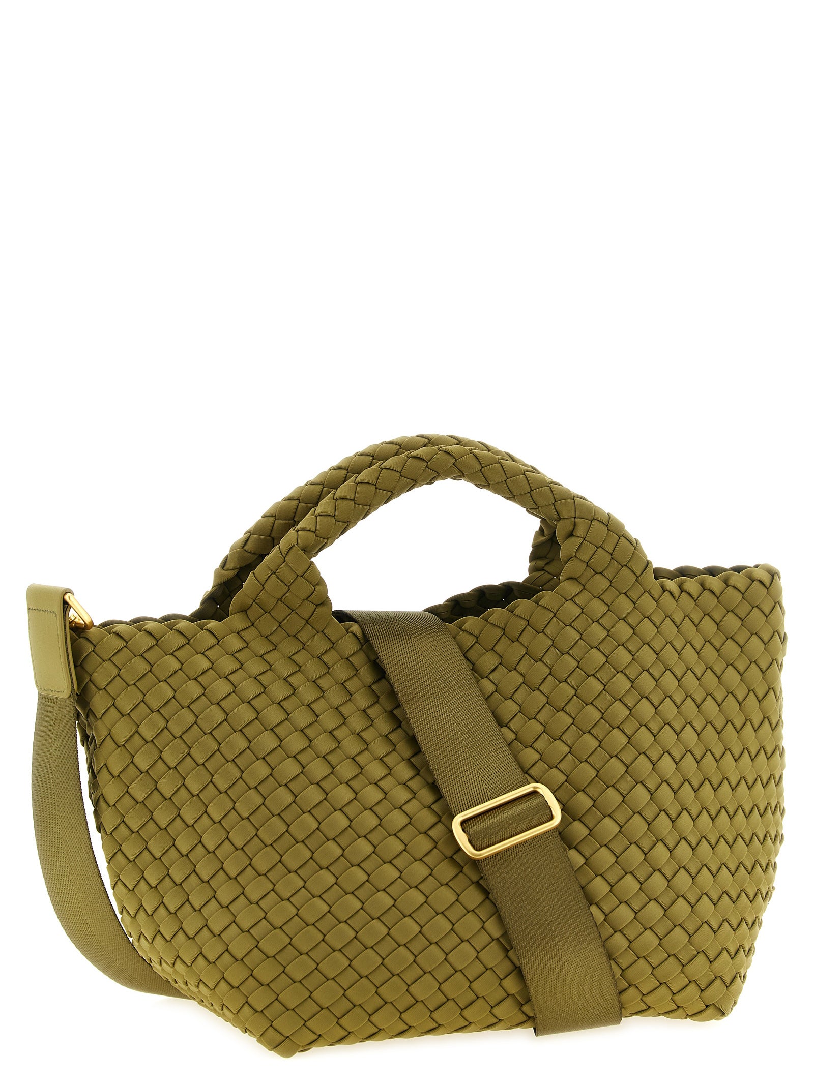 Mini Drawstring Clutch Handbag by NAGHEDI for women in nylon neoprene & calfskin leather bicolour, gold, green & signature features an refined silhouette, showcasing a secure snap, flap & zipper, ample , and versatile shoulder-strap, handle & adjustable-strap for a sophisticated refined aesthetic.