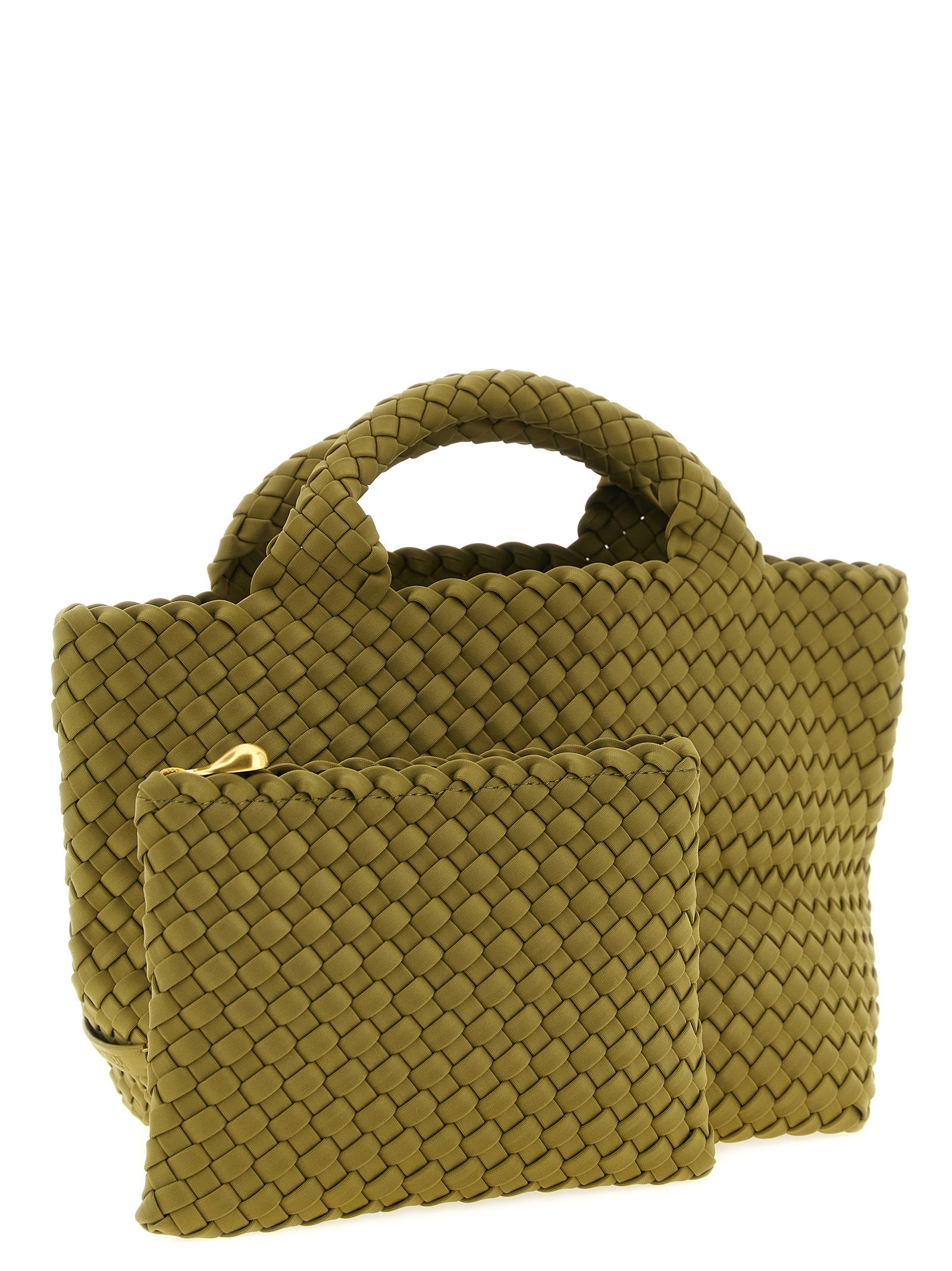 Mini Drawstring Clutch Handbag by NAGHEDI for women in nylon neoprene & calfskin leather bicolour, gold, green & signature features an refined silhouette, showcasing a secure snap, flap & zipper, ample , and versatile shoulder-strap, handle & adjustable-strap for a sophisticated refined aesthetic.