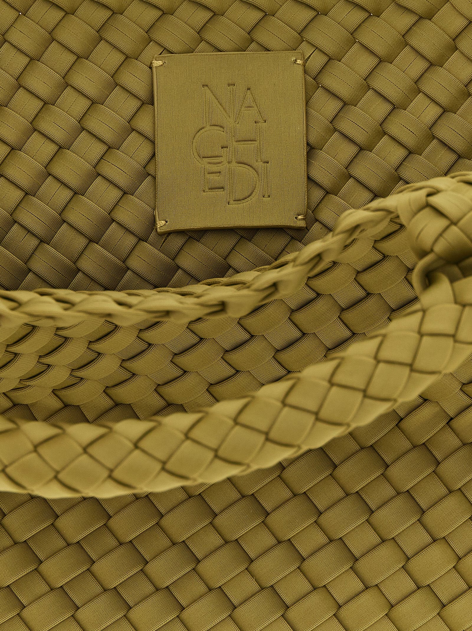 Mini Drawstring Clutch Handbag by NAGHEDI for women in nylon neoprene & calfskin leather bicolour, gold, green & signature presents a ornamental silhouette, showcasing a secure snap, flap & zipper, ample , and versatile shoulder-strap, handle & adjustable-strap for a ornamental finish.