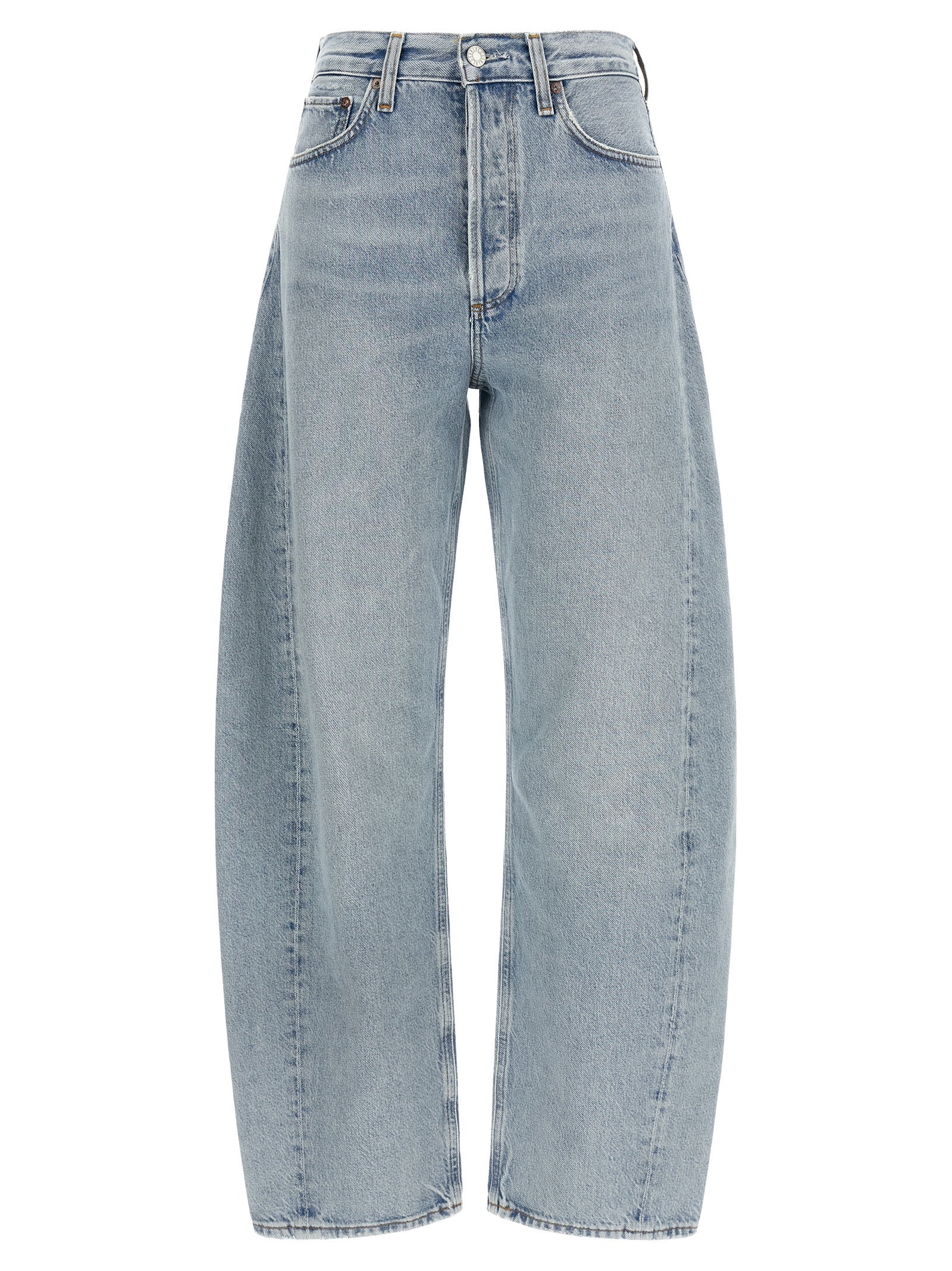 Jeans by Agolde for women in denim cotton canvas blue & silver features an refined tailoring silhouette, showcasing a premium with a high rise and long cut for a refined tailoring look.