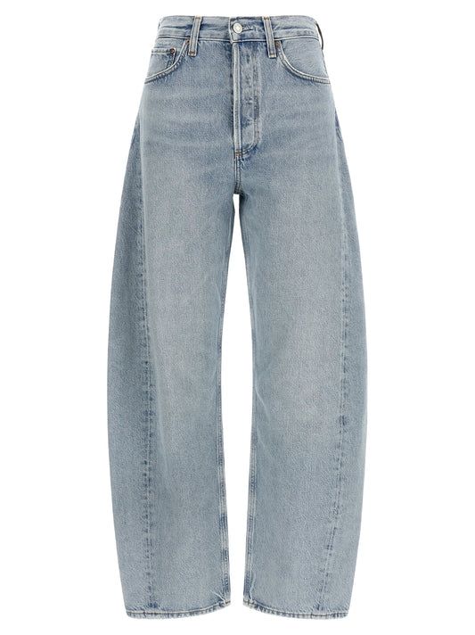 Jeans by Agolde for women in denim cotton canvas blue & silver features an refined tailoring silhouette, showcasing a premium with a high rise and long cut for a refined tailoring look.