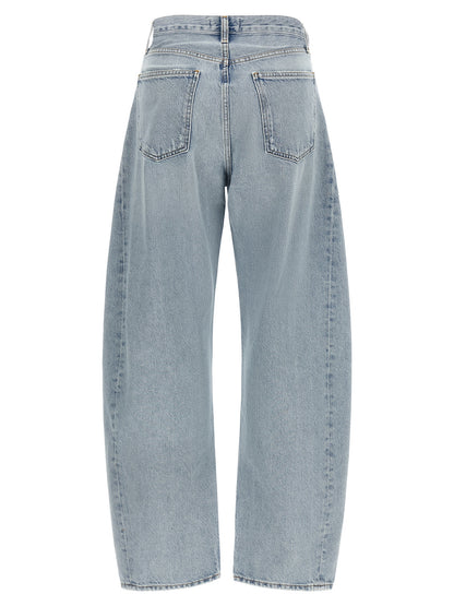 Jeans by Agolde for women in denim cotton canvas blue & silver features a refined silhouette with a refined , defined by a high rise and a refined long for a refined finish.