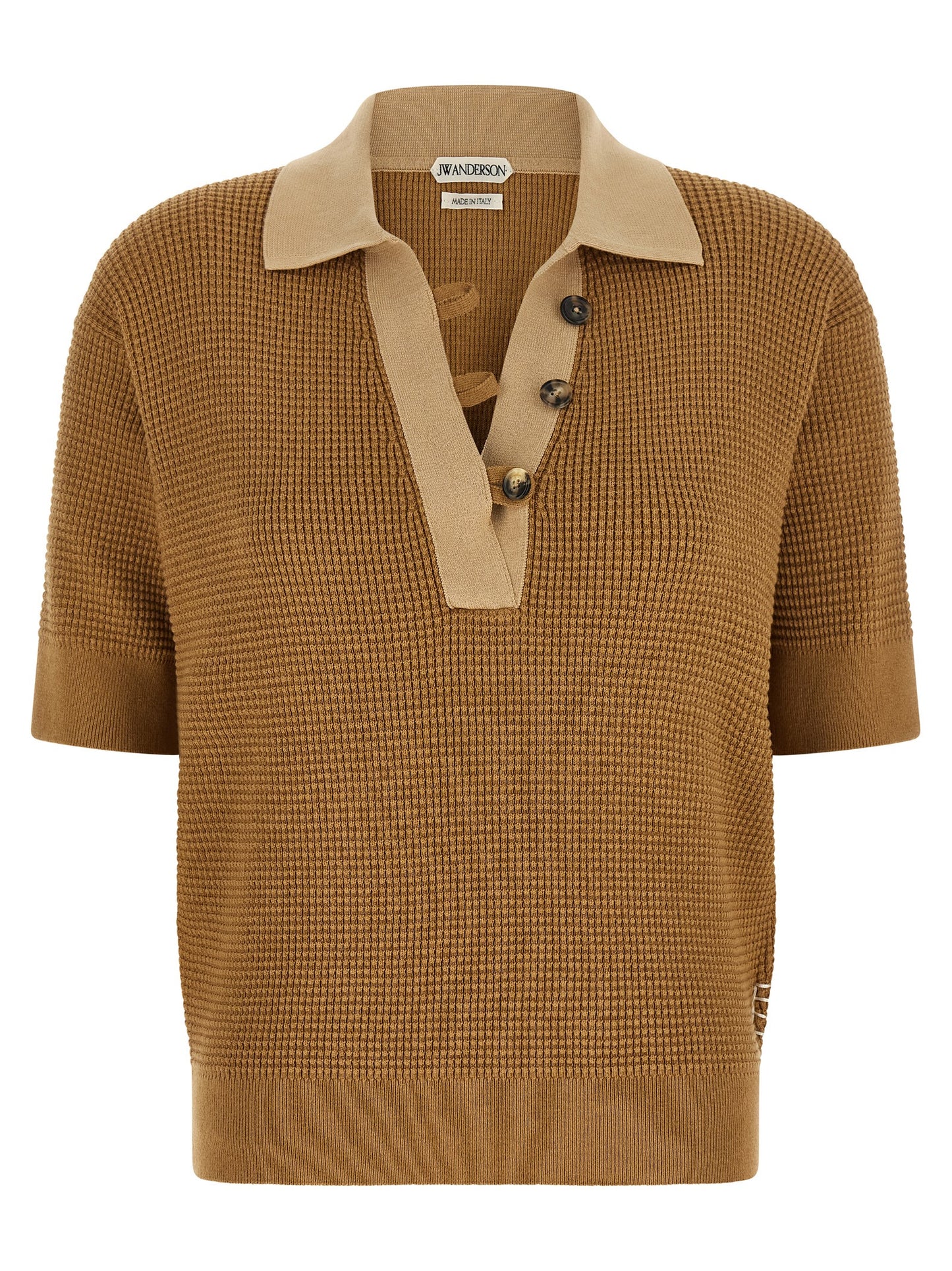 Polo Shirt by J.W.Anderson for women in cashmere cotton blend beige & signature showcases a sharp silhouette, detailed with a refined turtle v-neck neckline and sharp short-sleeve for a sophisticated finish.