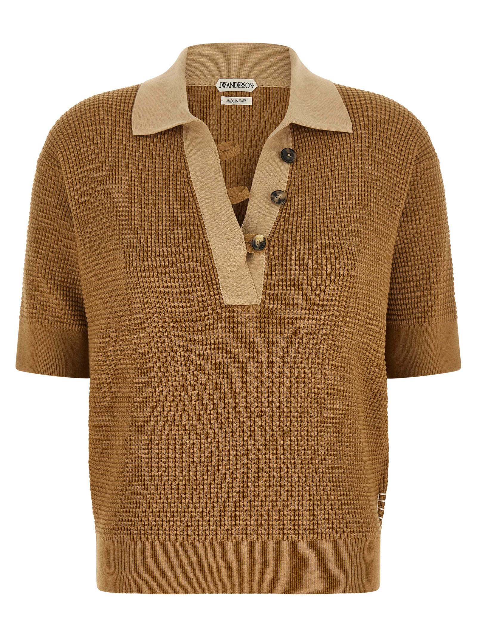 Polo Shirt by J.W.Anderson for women in cashmere cotton blend beige & signature showcases a sharp silhouette, detailed with a refined turtle v-neck neckline and sharp short-sleeve for a sophisticated finish.