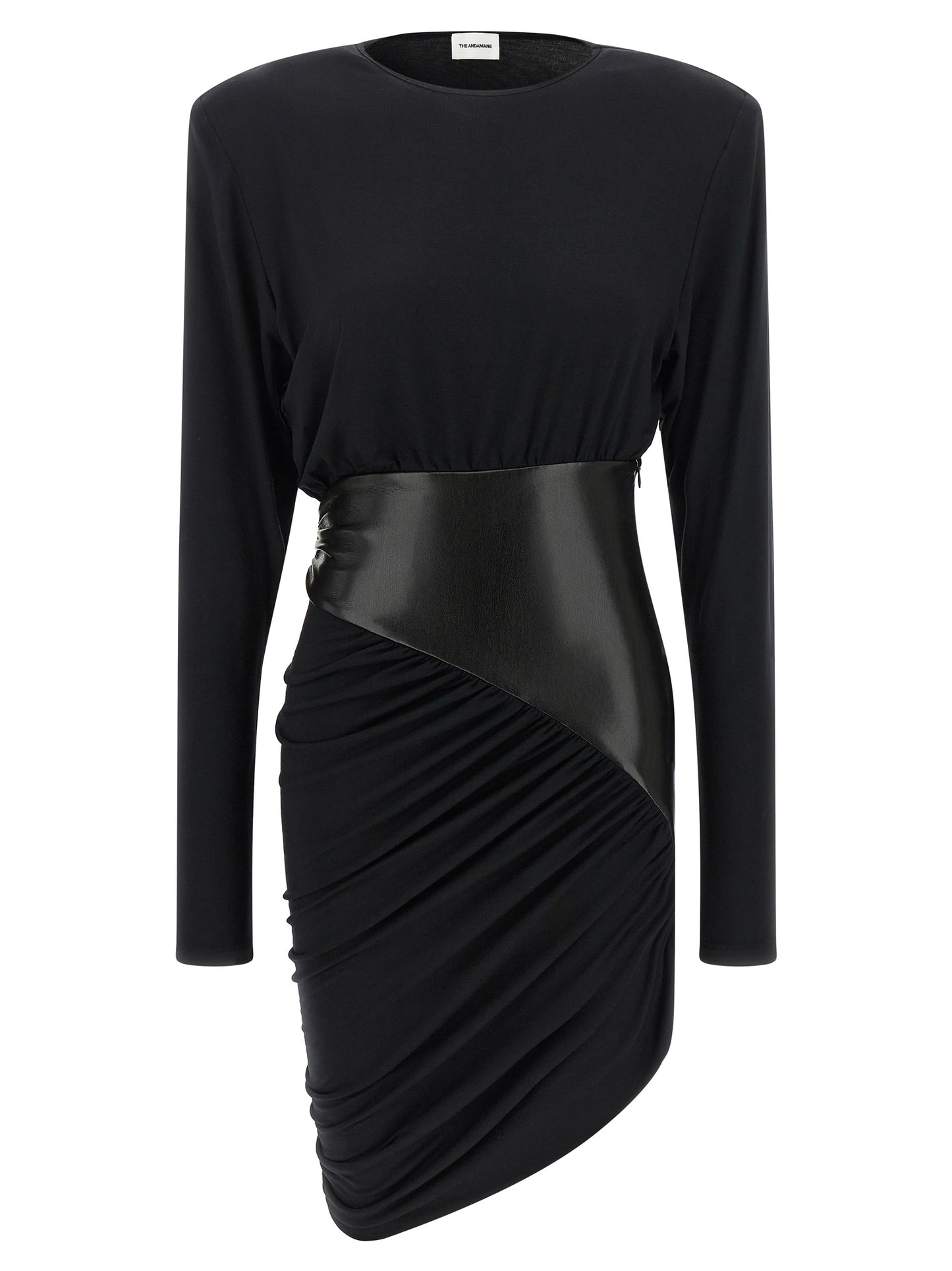 The Andamane Play Women's Corset Bustier Long-Sleeve Round Neck Viscose Faux Leather Dress - Black