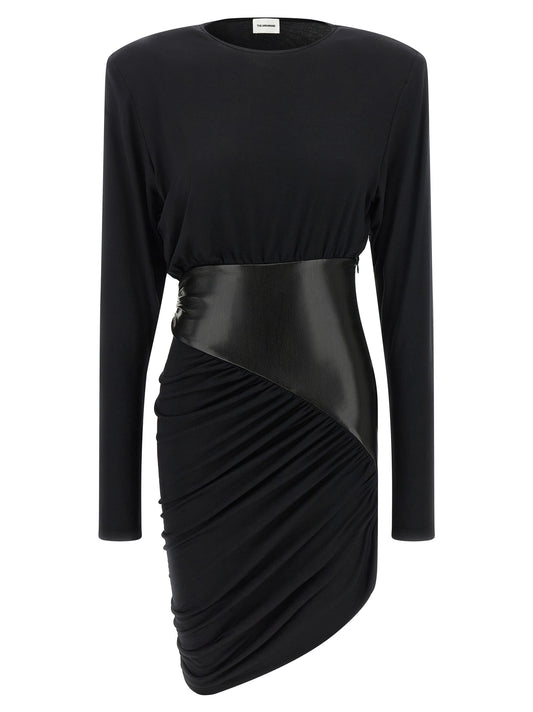 The Andamane Play Women's Corset Bustier Long-Sleeve Round Neck Viscose Faux Leather Dress - Black