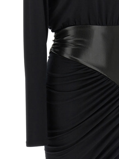 The Andamane Play Women's Corset Bustier Long-Sleeve Round Neck Viscose Faux Leather Dress - Black