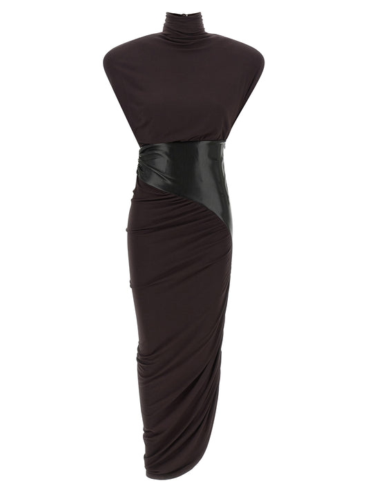Dress by The Andamane for women in viscose faux leather bordeaux features a dramatic silhouette, showcasing an elegant high-neck neckline and short-sleeve that flows into a dramatic midi short.