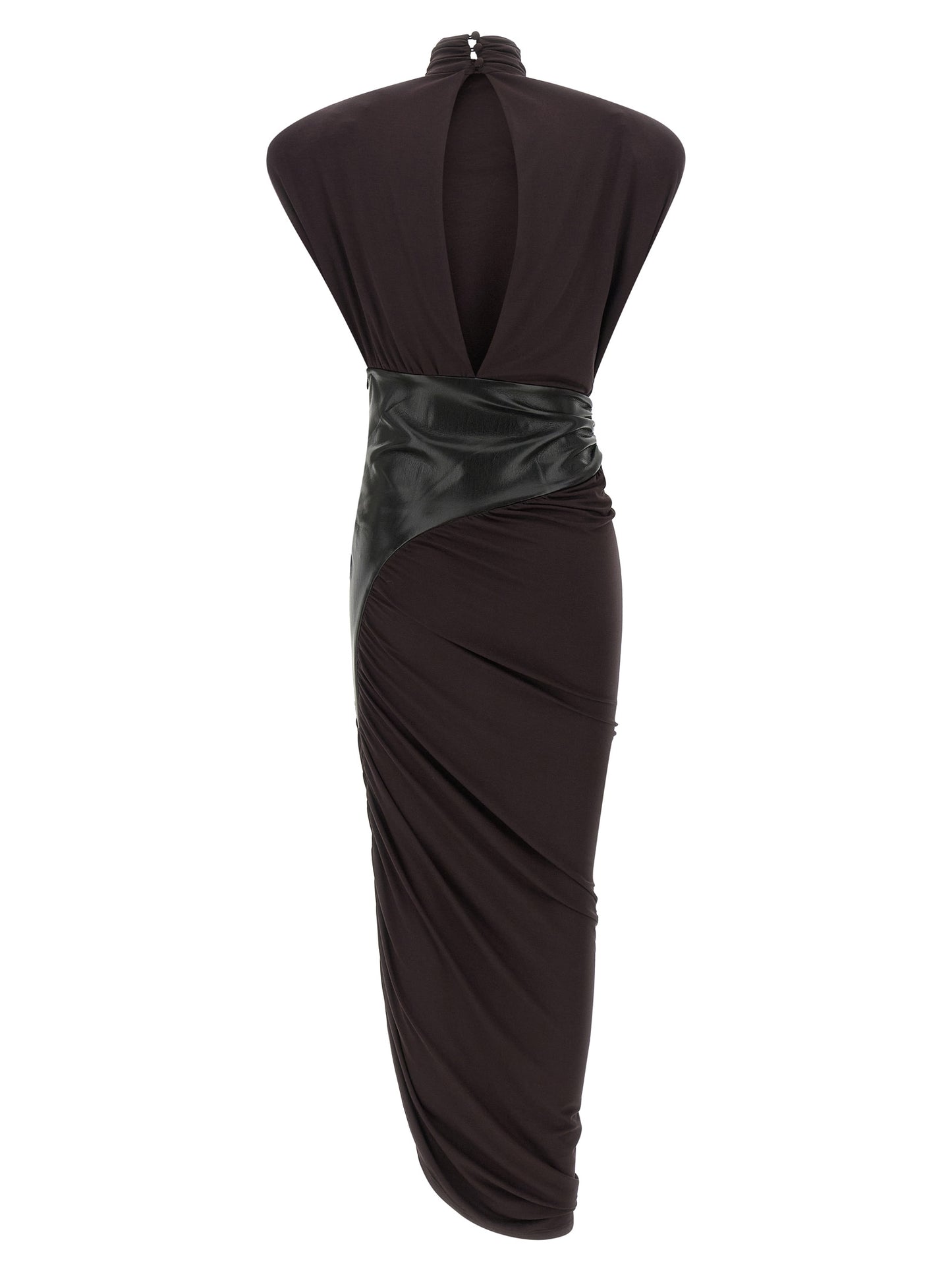 Dress by The Andamane for women in viscose faux leather bordeaux showcases a striking silhouette, elegantly detailed with a , refined high-neck neckline, and a striking midi short for a striking finish.
