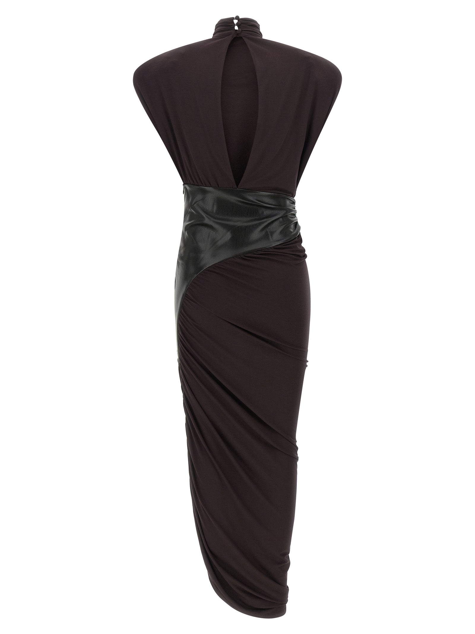 Dress by The Andamane for women in viscose faux leather bordeaux showcases a striking silhouette, elegantly detailed with a , refined high-neck neckline, and a striking midi short for a striking finish.
