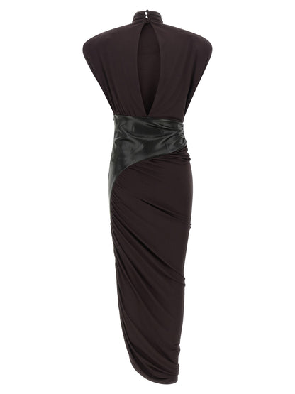 Dress by The Andamane for women in viscose faux leather bordeaux showcases a striking silhouette, elegantly detailed with a , refined high-neck neckline, and a striking midi short for a striking finish.