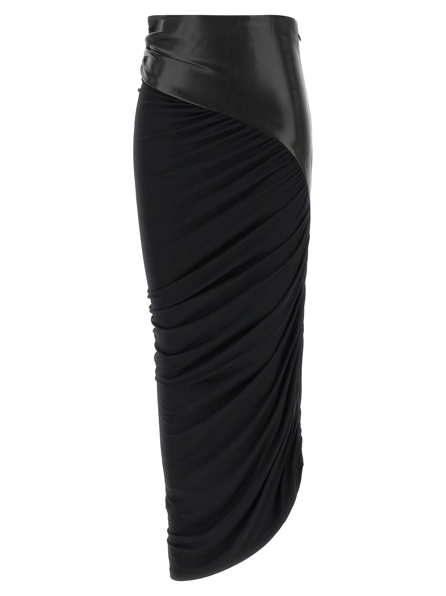 Skirt by The Andamane for women in viscose faux leather black & patterned features a contoured silhouette from the Play Women's Asymmetrical Viscose Faux Leather Skirt collection, characterized by its contoured midi for a contoured finish.