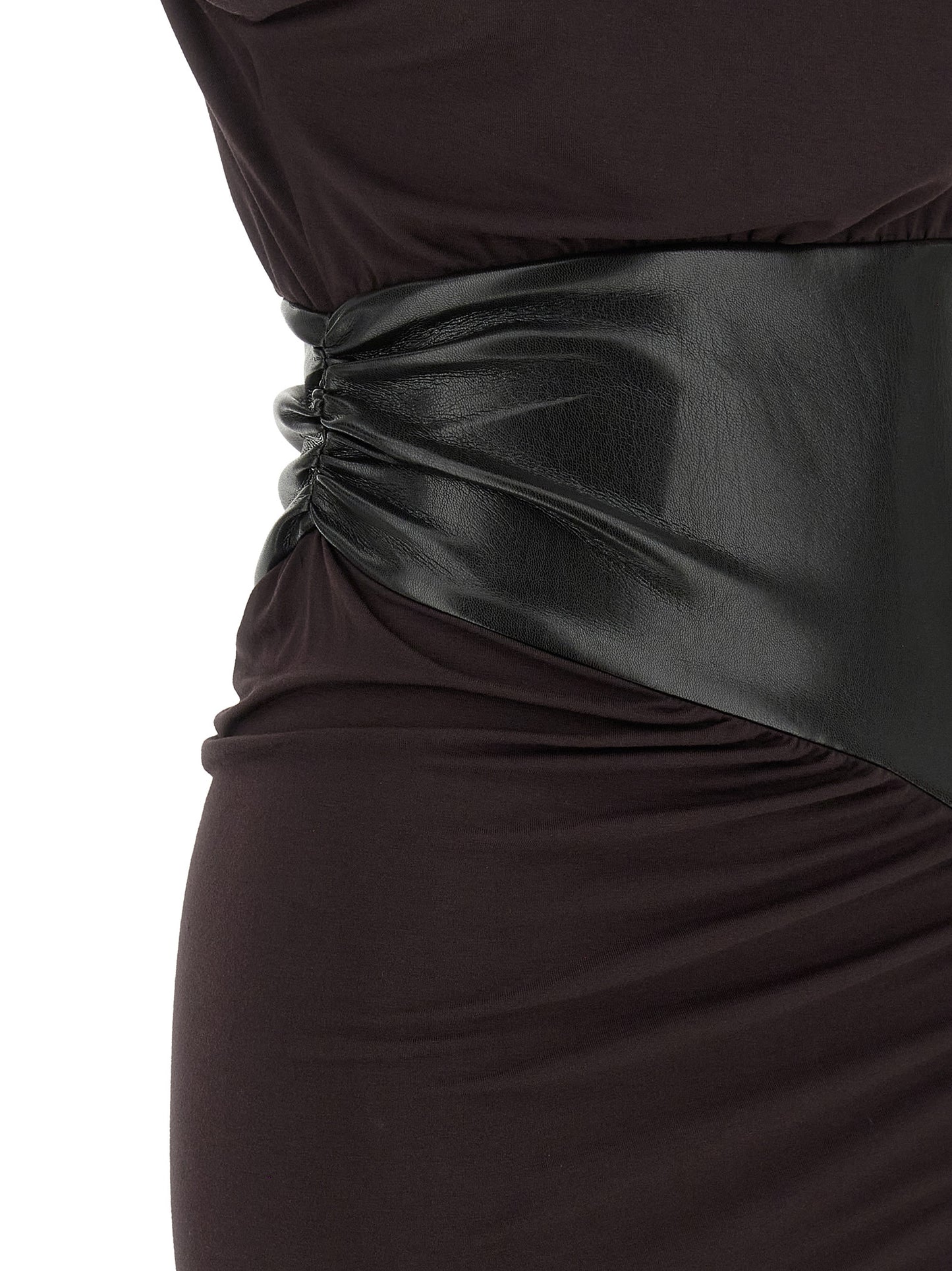Dress by The Andamane for women in viscose faux leather bordeaux features an sultry silhouette defined by a and , falling to an sultry midi short for a sultry look.