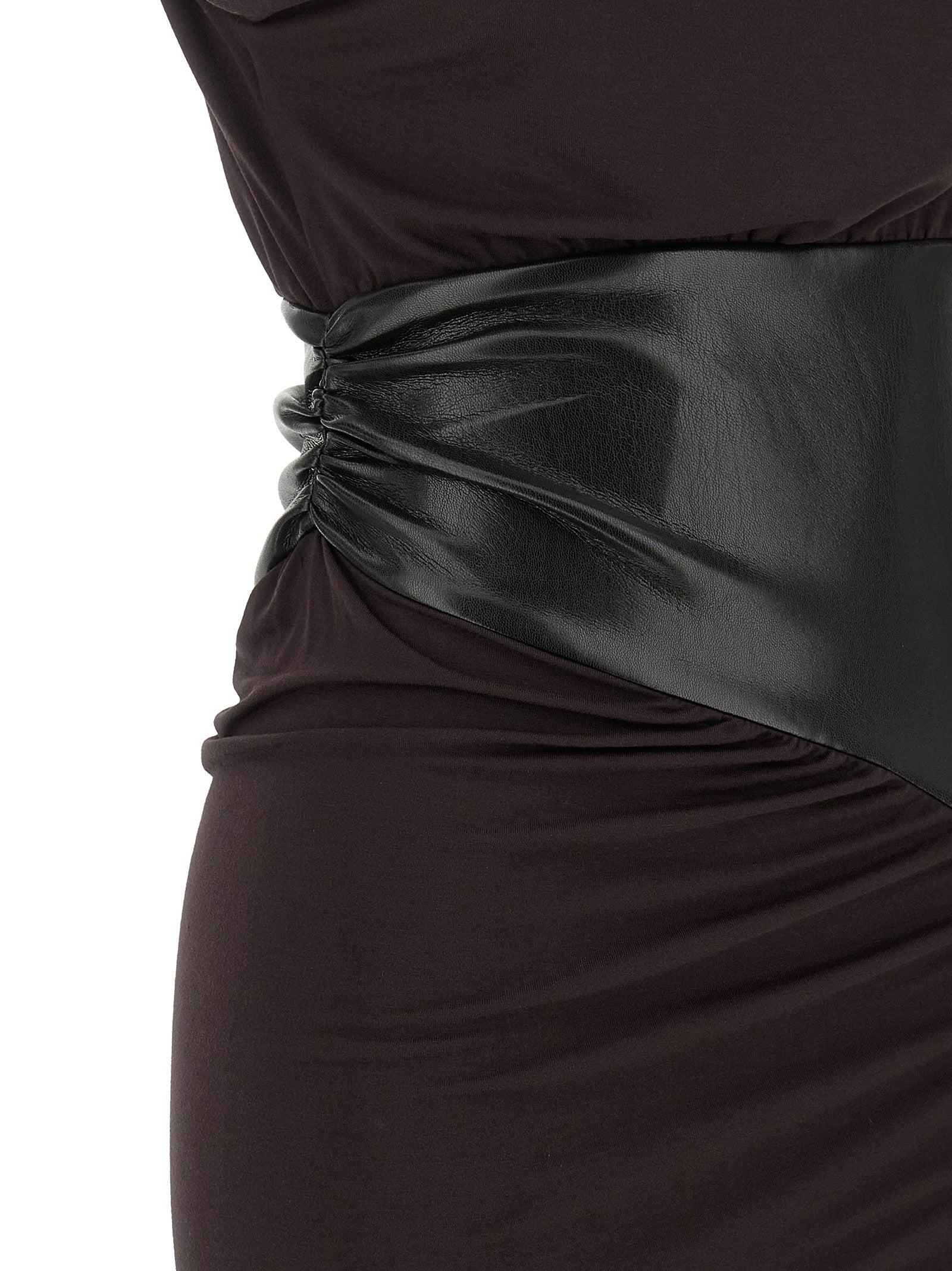 Dress by The Andamane for women in viscose faux leather bordeaux features an sultry silhouette defined by a and , falling to an sultry midi short for a sultry look.