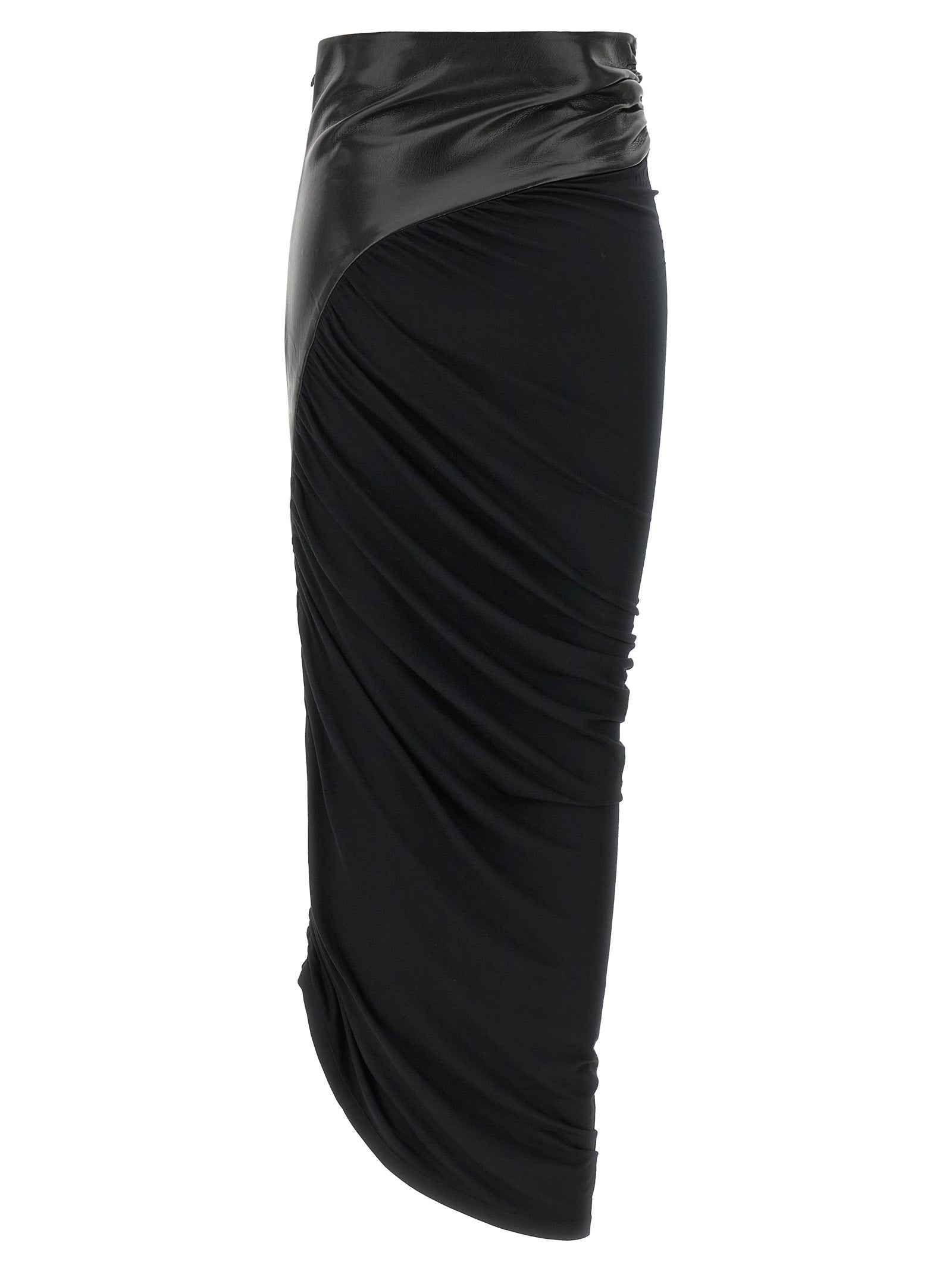 Skirt by The Andamane for women in viscose faux leather black & patterned showcases a sultry silhouette, elegantly defined by its midi and the sophisticated sultry design of the Play Women's Asymmetrical Viscose Faux Leather Skirt.