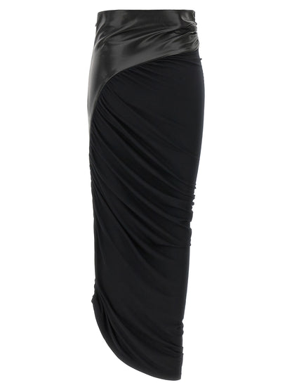 Skirt by The Andamane for women in viscose faux leather black & patterned showcases a sultry silhouette, elegantly defined by its midi and the sophisticated sultry design of the Play Women's Asymmetrical Viscose Faux Leather Skirt.