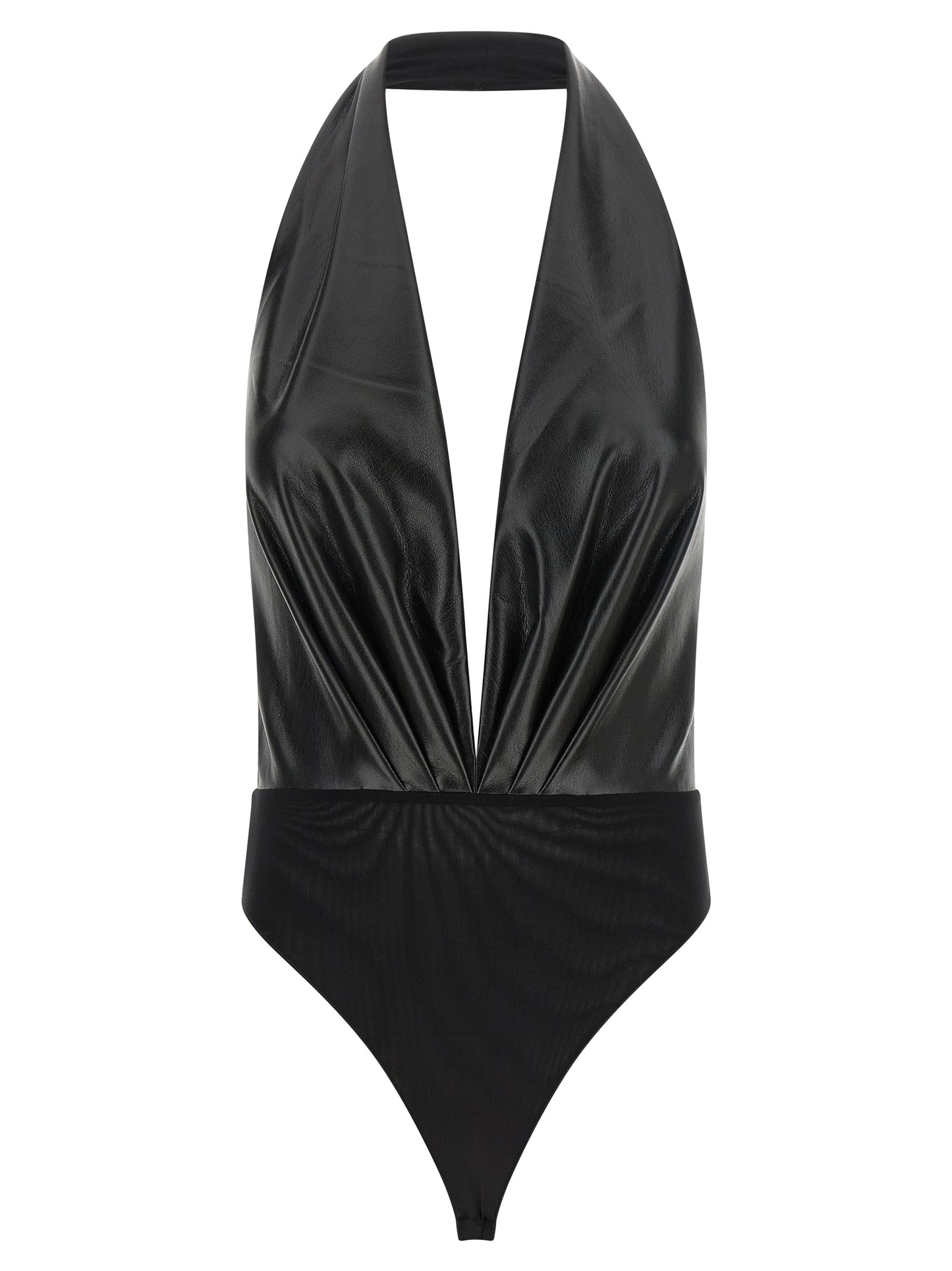 Bodysuit by The Andamane for women in polyester leather black, transparent & patterned features a exclusive silhouette, artfully finished with a exclusive v-neck plunging neckline and for a exclusive look.
