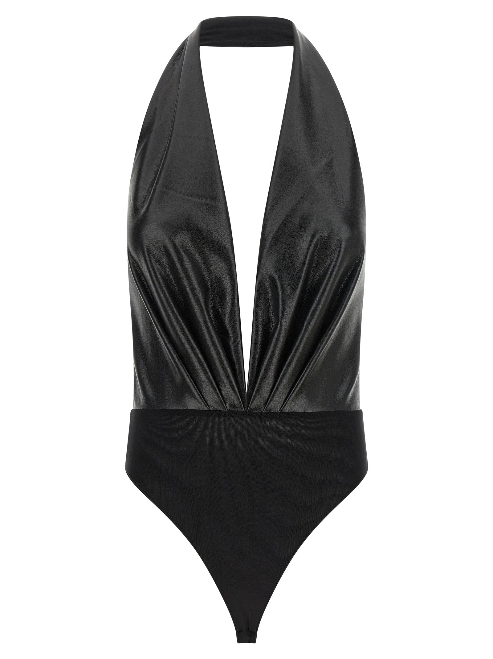 Bodysuit by The Andamane for women in polyester leather black, transparent & patterned features a exclusive silhouette, artfully finished with a exclusive v-neck plunging neckline and for a exclusive look.