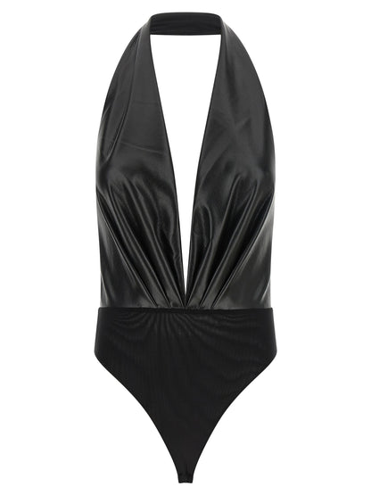 Bodysuit by The Andamane for women in polyester leather black, transparent & patterned features a exclusive silhouette, artfully finished with a exclusive v-neck plunging neckline and for a exclusive look.
