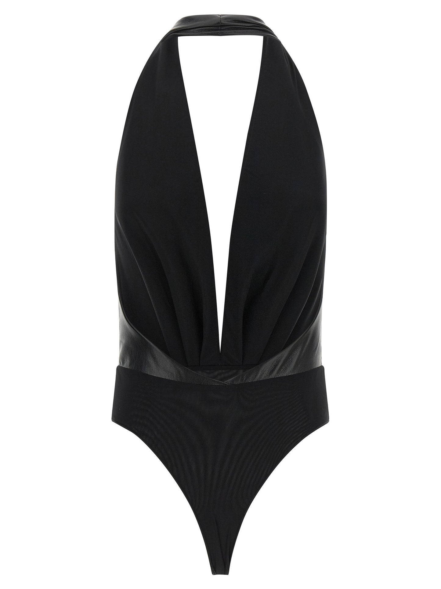 Bodysuit by The Andamane for women in polyester leather black, transparent & patterned showcases a flawless silhouette, elegantly defined by a refined v-neck plunging neckline and for a flawless and polished finish.