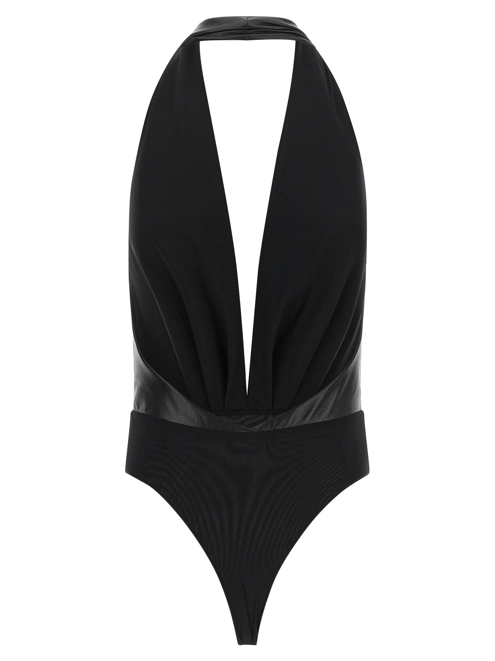 Bodysuit by The Andamane for women in polyester leather black, transparent & patterned showcases a flawless silhouette, elegantly defined by a refined v-neck plunging neckline and for a flawless and polished finish.